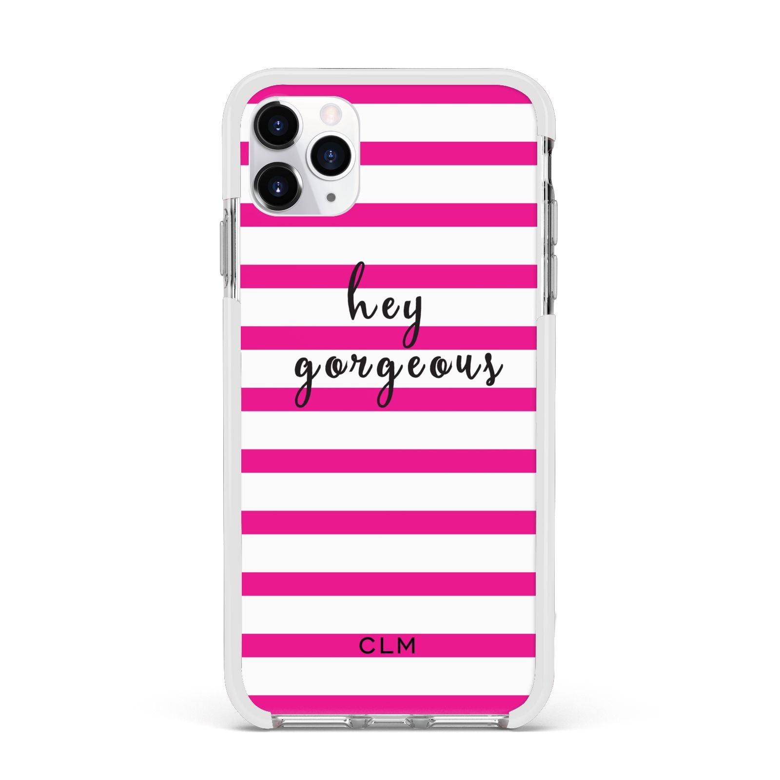 Personalised Initials Pink Striped Apple iPhone 11 Pro Max in Silver with White Impact Case