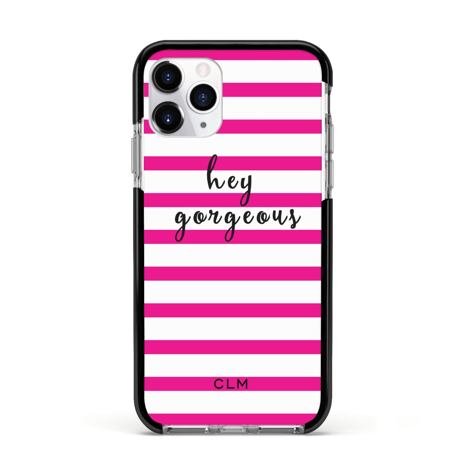 Personalised Initials Pink Striped Apple iPhone 11 Pro in Silver with Black Impact Case