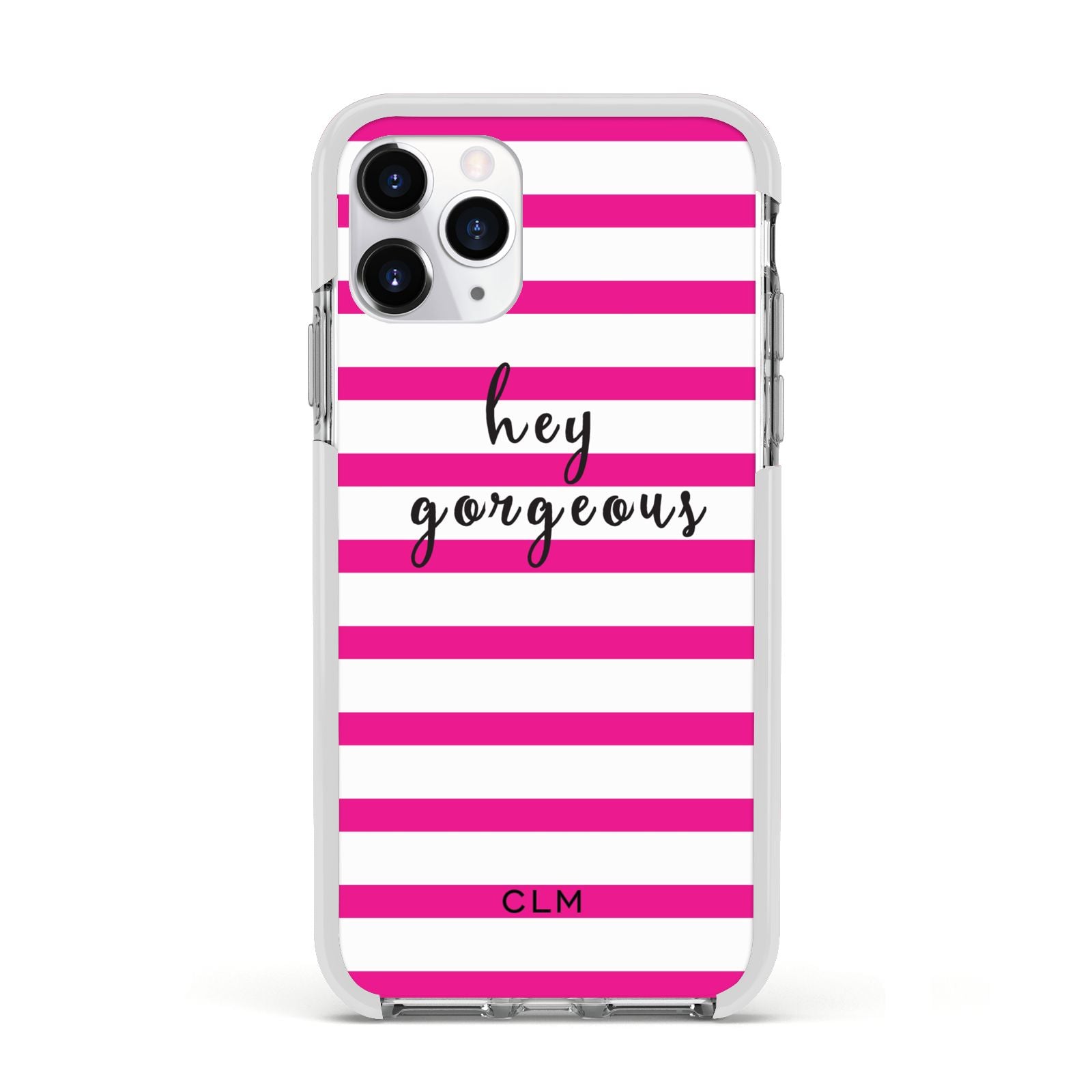 Personalised Initials Pink Striped Apple iPhone 11 Pro in Silver with White Impact Case