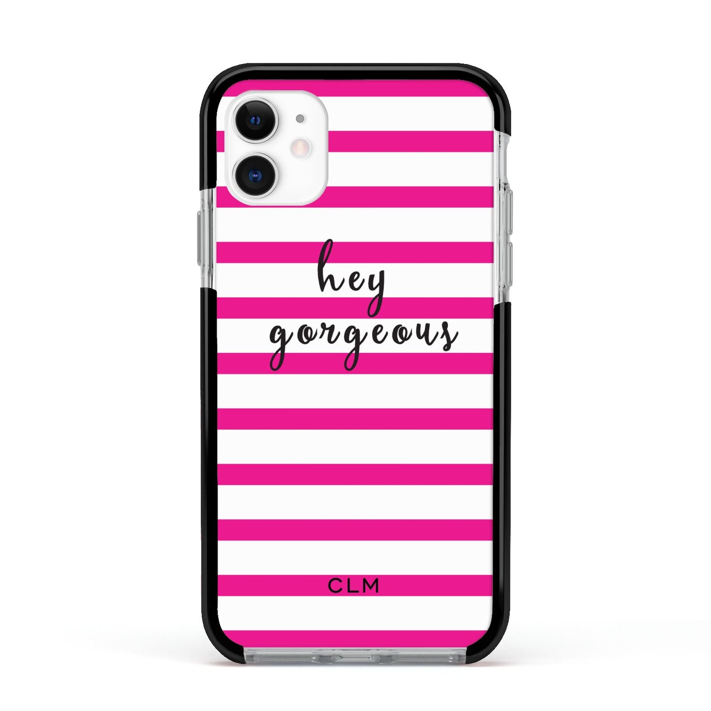 Personalised Initials Pink Striped Apple iPhone 11 in White with Black Impact Case