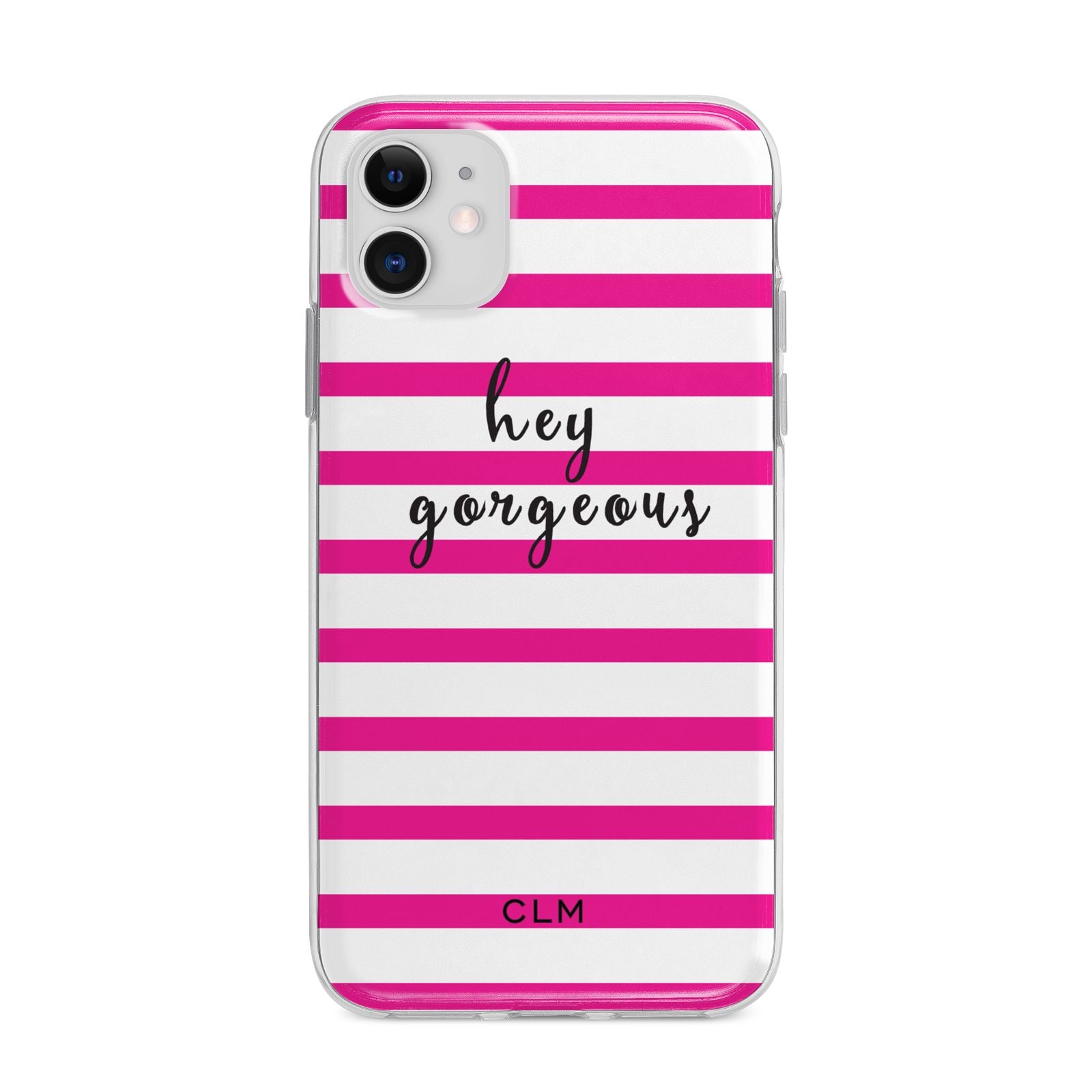 Personalised Initials Pink Striped Apple iPhone 11 in White with Bumper Case