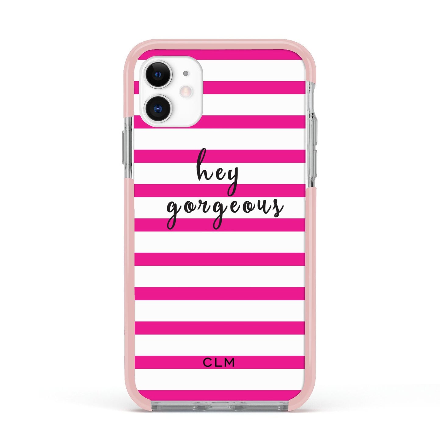Personalised Initials Pink Striped Apple iPhone 11 in White with Pink Impact Case