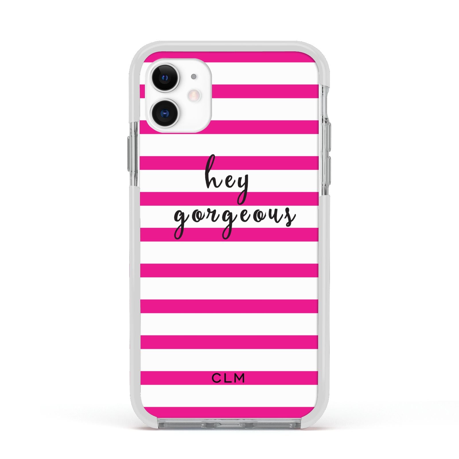 Personalised Initials Pink Striped Apple iPhone 11 in White with White Impact Case