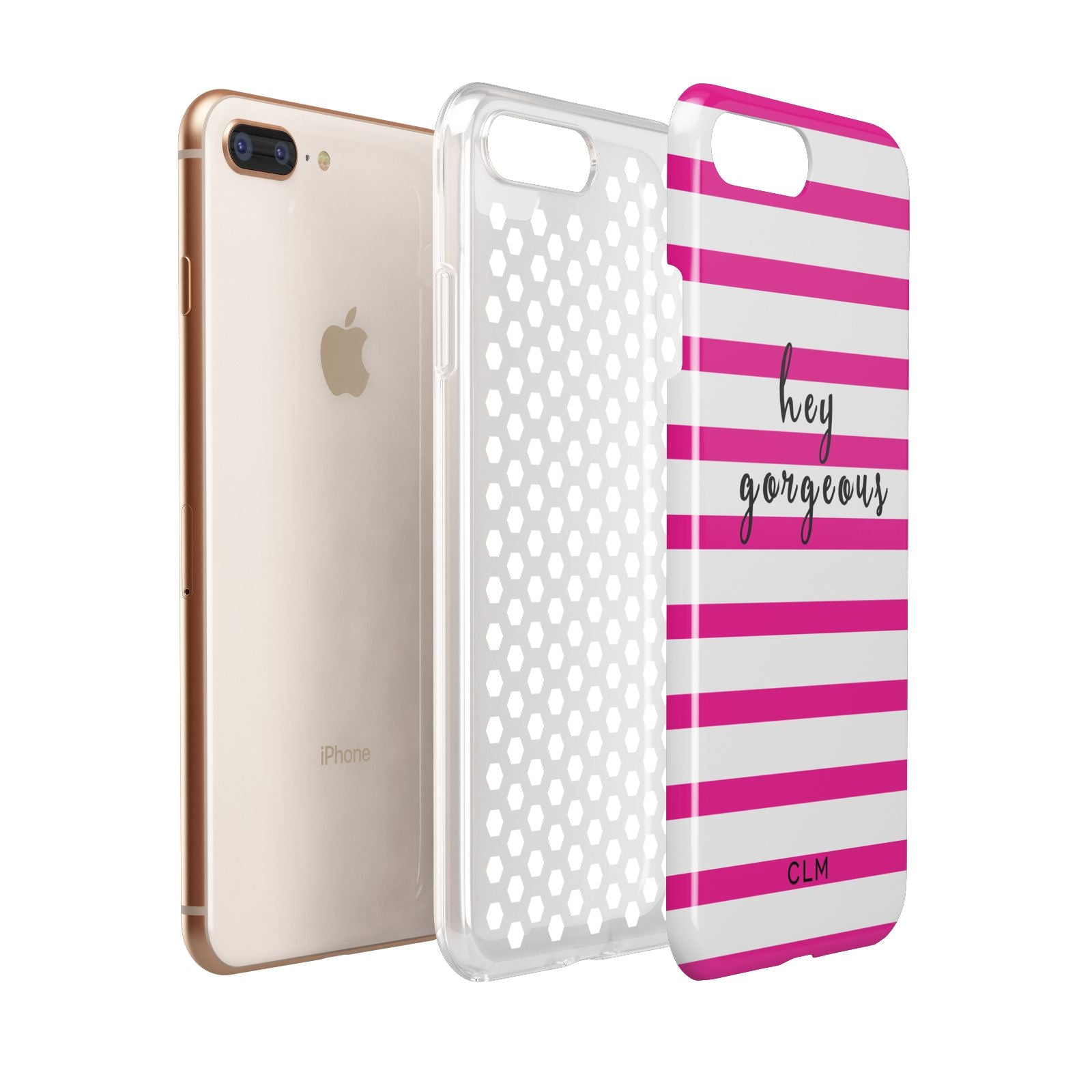Personalised Initials Pink Striped Apple iPhone 7 8 Plus 3D Tough Case Expanded View