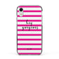 Personalised Initials Pink Striped Apple iPhone XR Impact Case Black Edge on Silver Phone