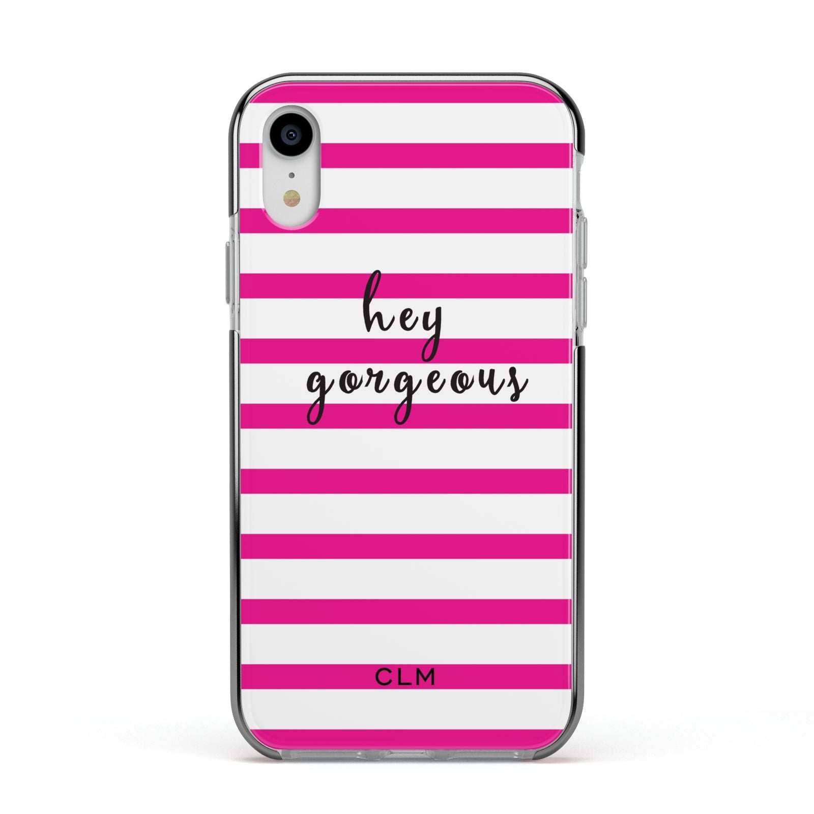 Personalised Initials Pink Striped Apple iPhone XR Impact Case Black Edge on Silver Phone