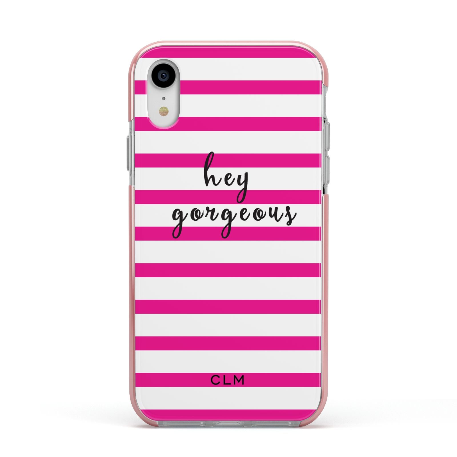 Personalised Initials Pink Striped Apple iPhone XR Impact Case Pink Edge on Silver Phone