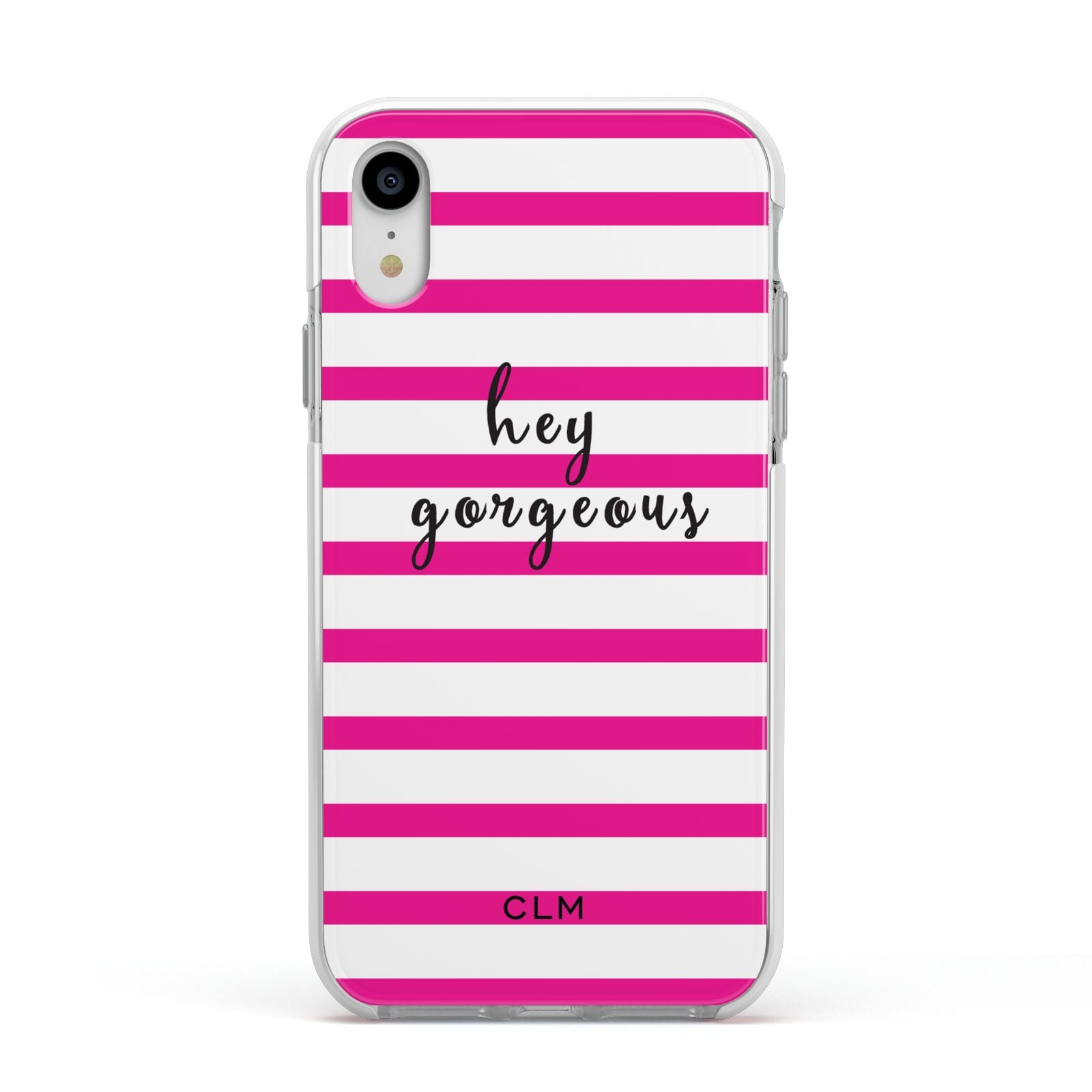 Personalised Initials Pink Striped Apple iPhone XR Impact Case White Edge on Silver Phone