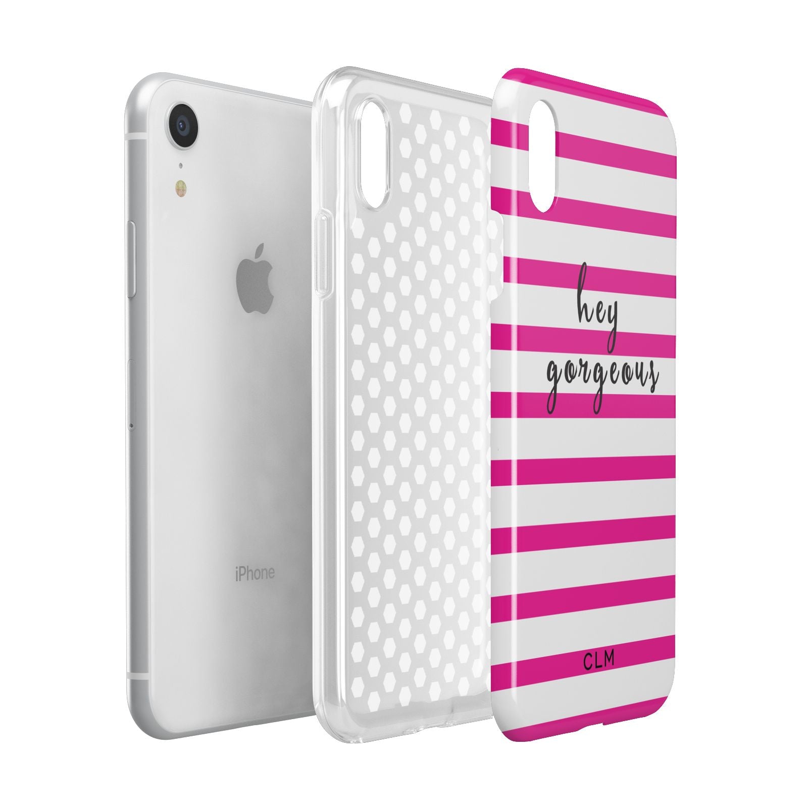 Personalised Initials Pink Striped Apple iPhone XR White 3D Tough Case Expanded view