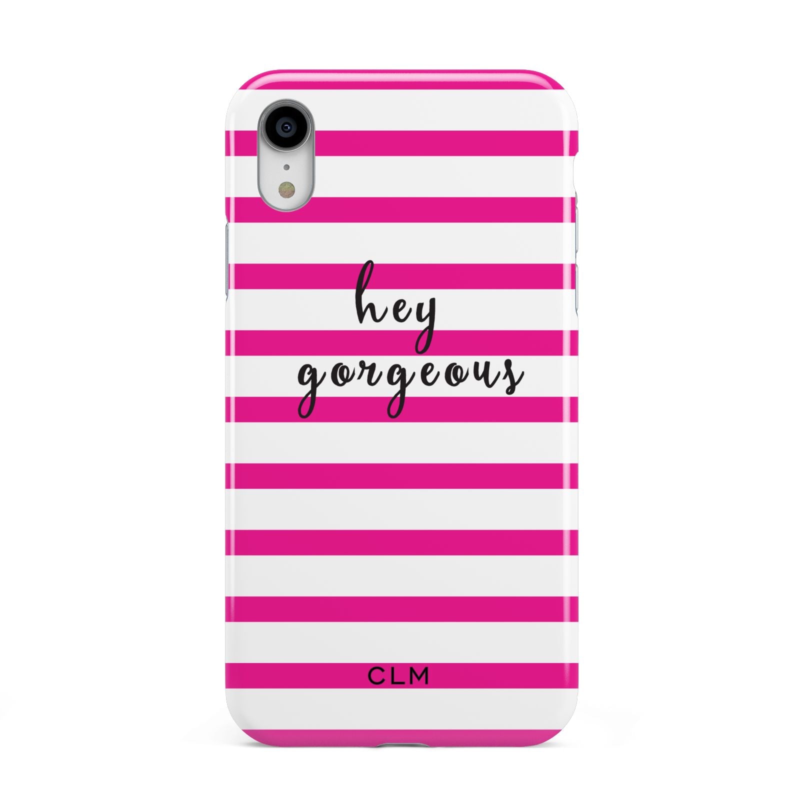 Personalised Initials Pink Striped Apple iPhone XR White 3D Tough Case