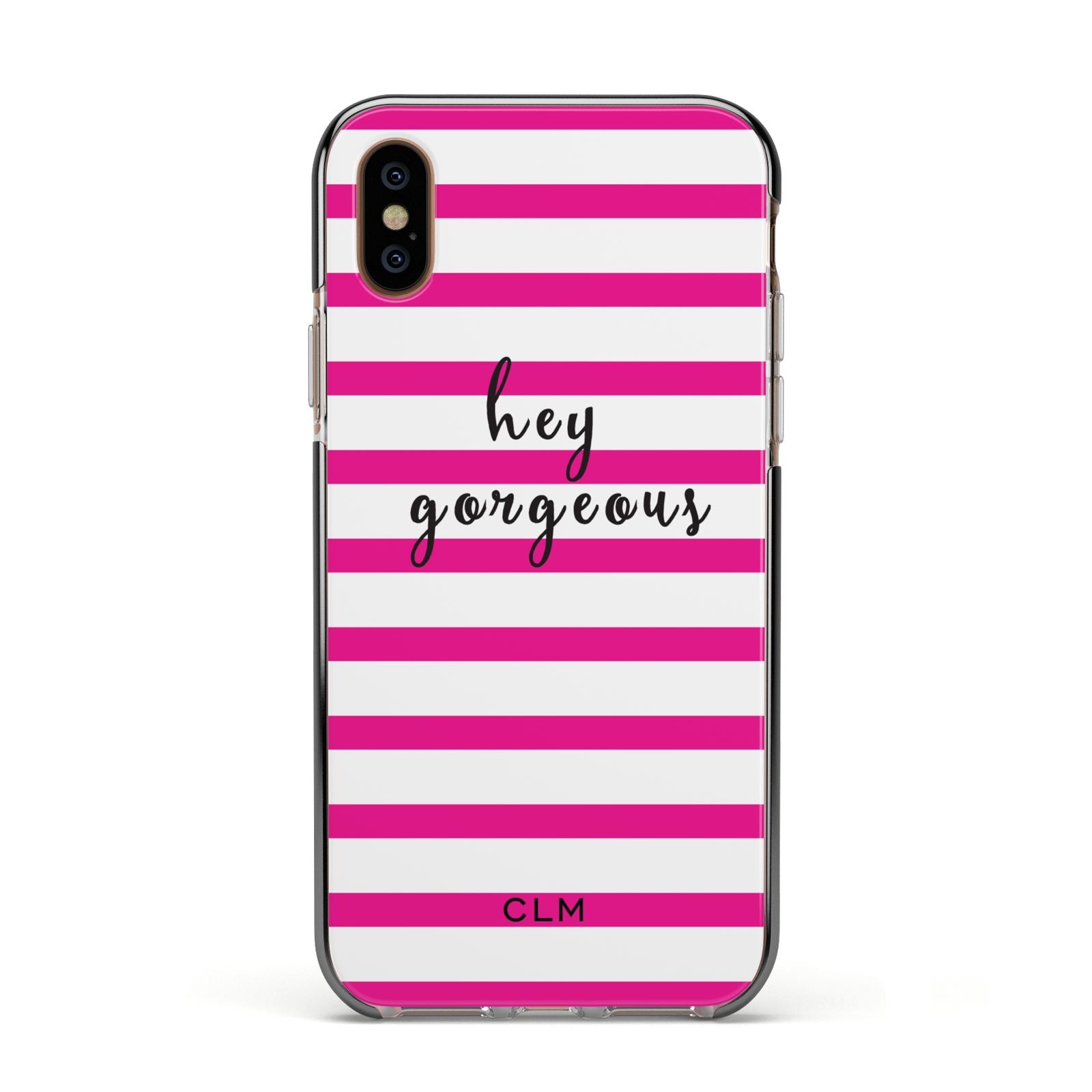 Personalised Initials Pink Striped Apple iPhone Xs Impact Case Black Edge on Gold Phone