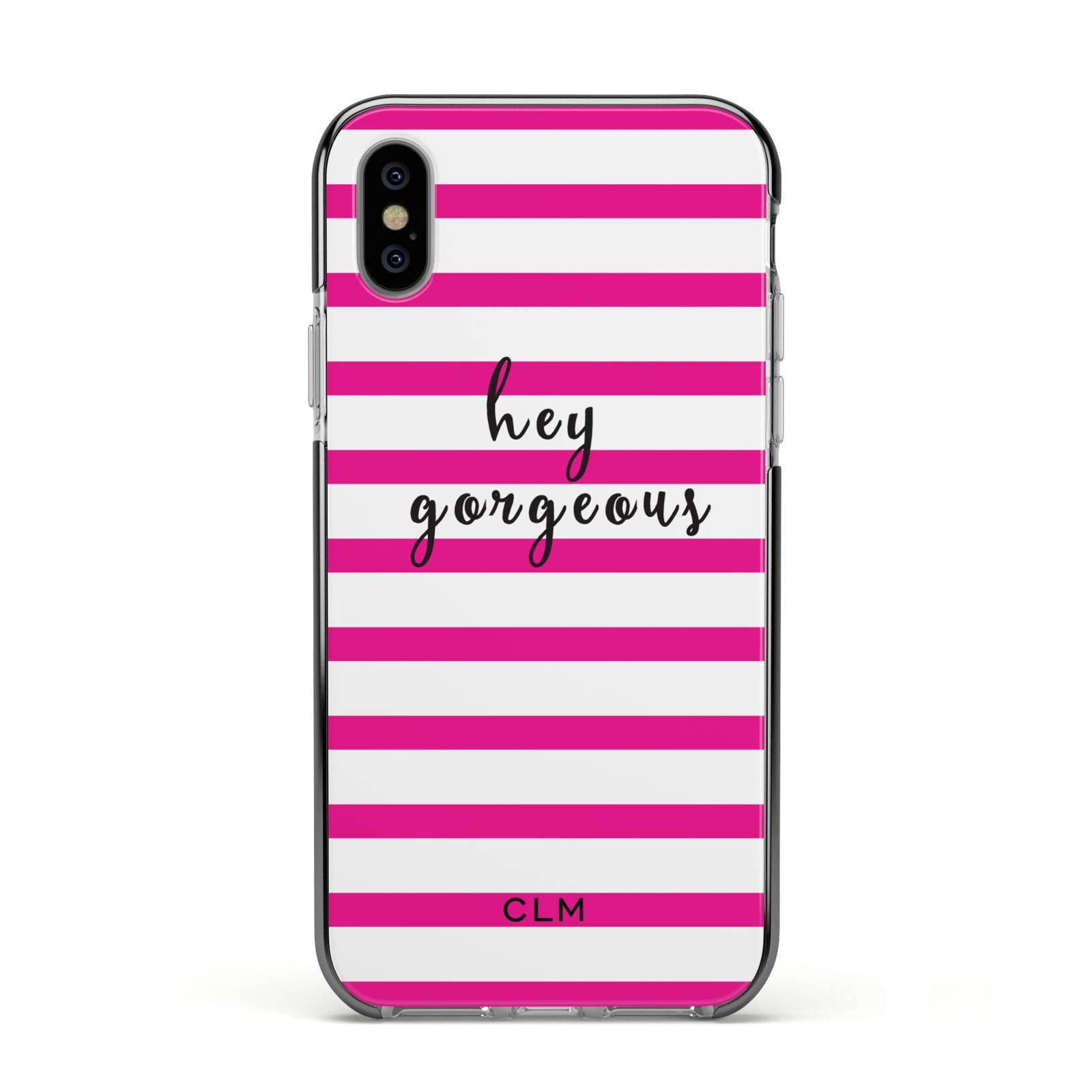Personalised Initials Pink Striped Apple iPhone Xs Impact Case Black Edge on Silver Phone