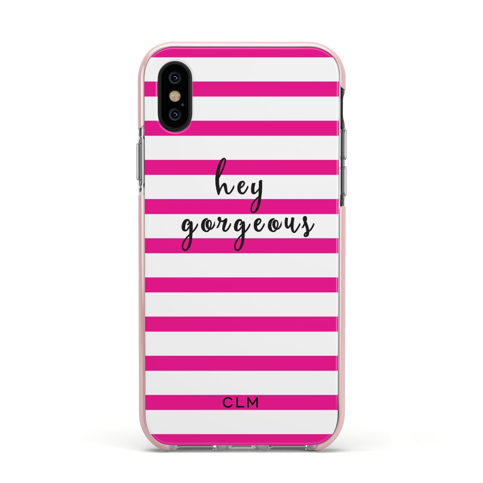 Personalised Initials Pink Striped Apple iPhone Xs Impact Case Pink Edge on Black Phone