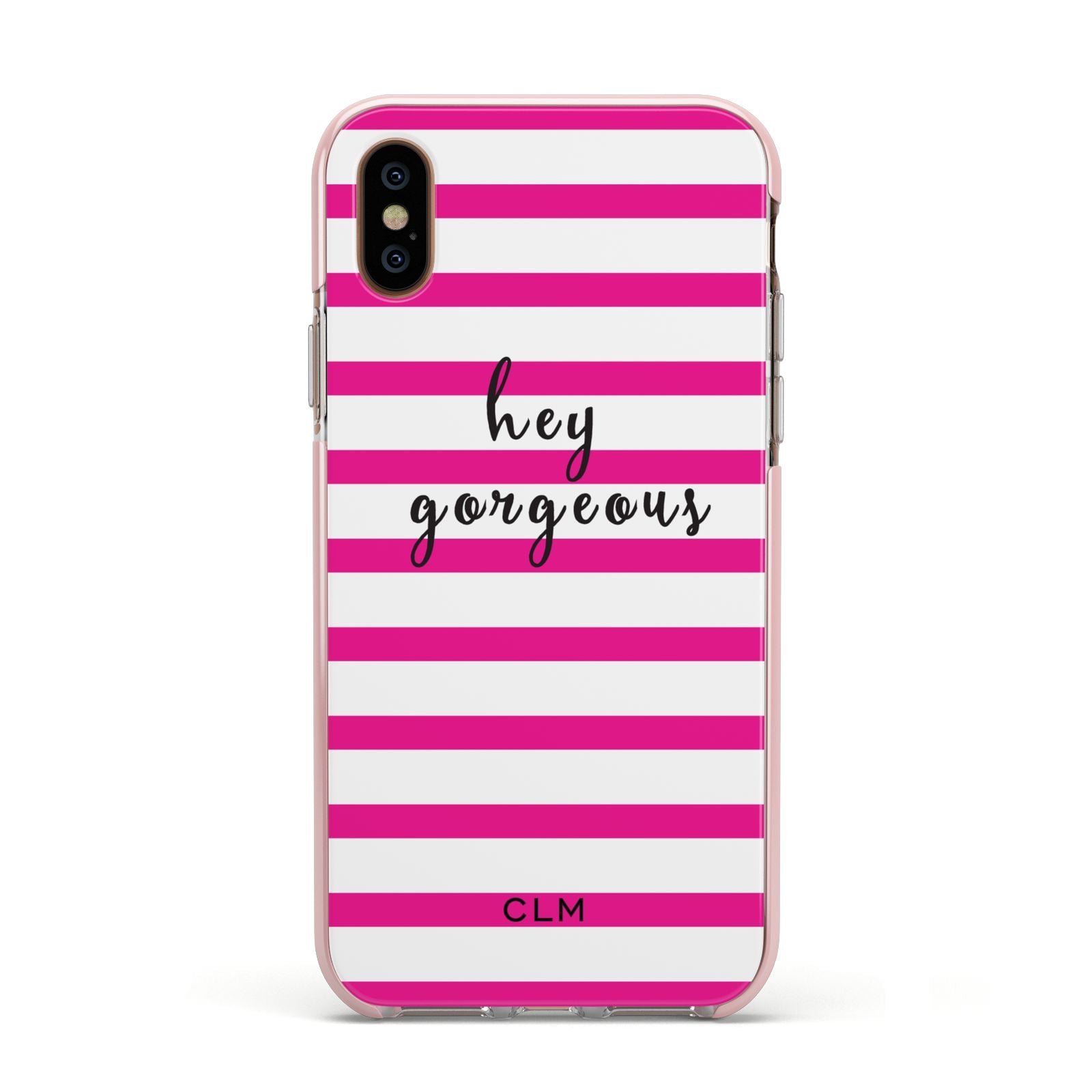 Personalised Initials Pink Striped Apple iPhone Xs Impact Case Pink Edge on Gold Phone