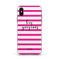 Personalised Initials Pink Striped Apple iPhone Xs Impact Case White Edge on Black Phone