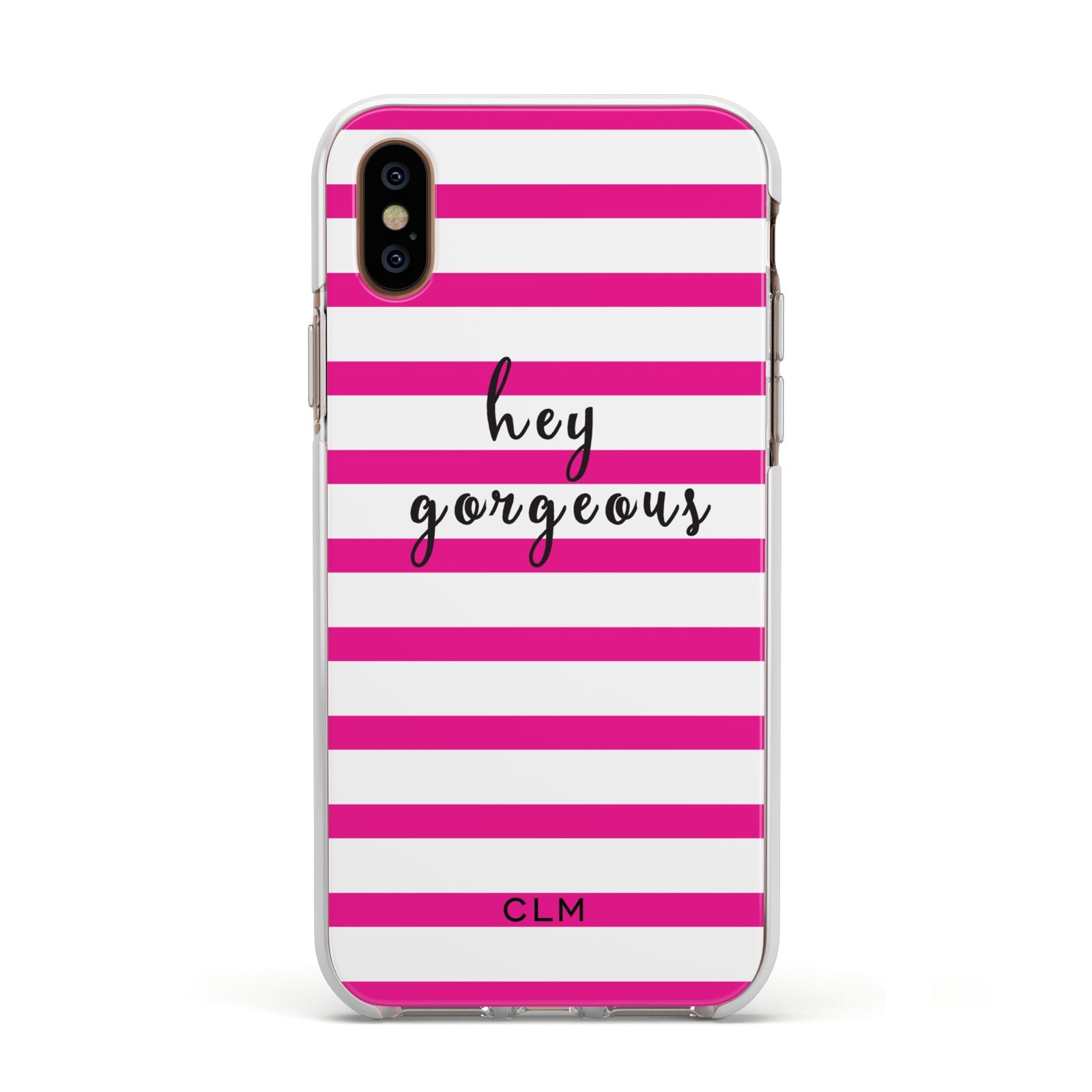 Personalised Initials Pink Striped Apple iPhone Xs Impact Case White Edge on Gold Phone