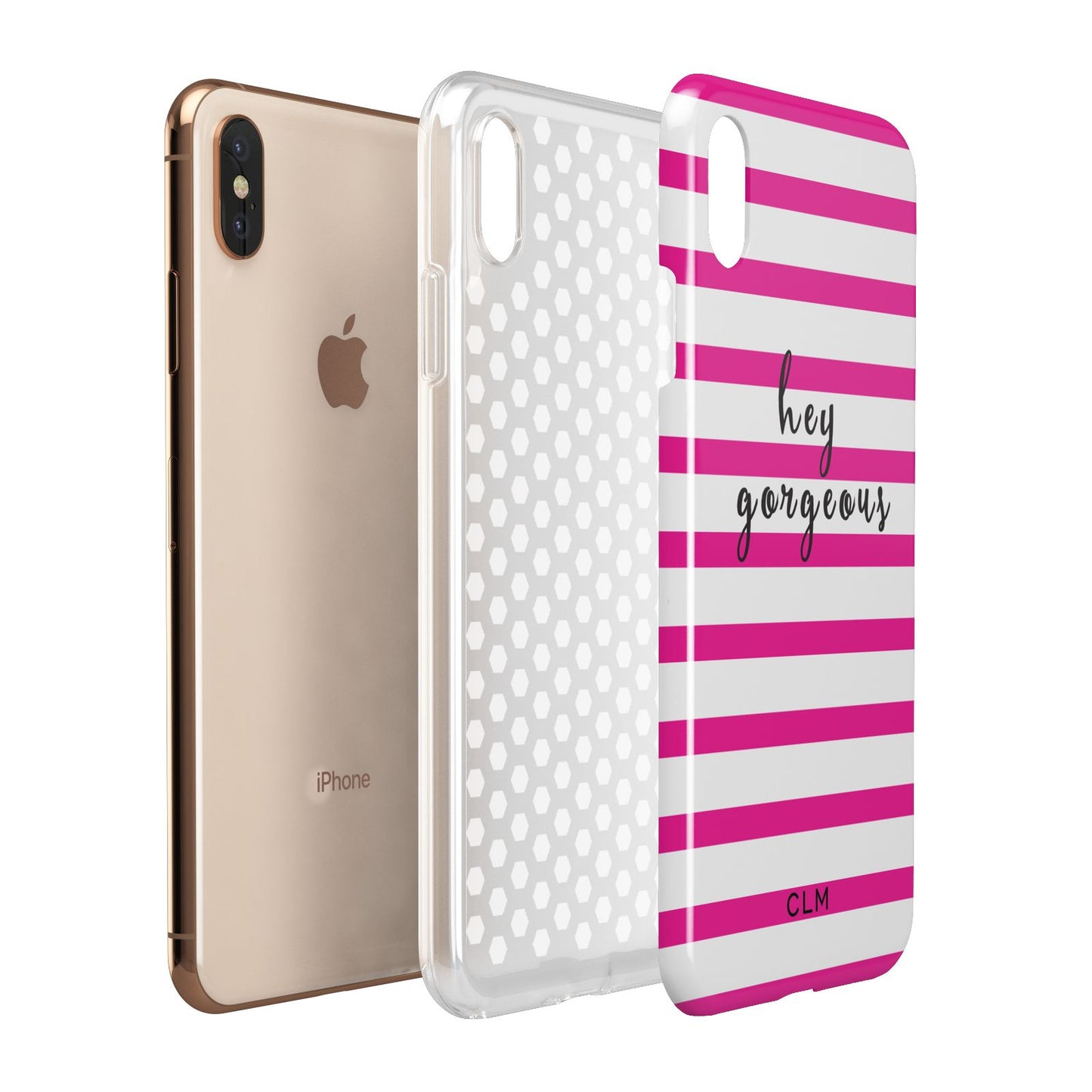 Personalised Initials Pink Striped Apple iPhone Xs Max 3D Tough Case Expanded View