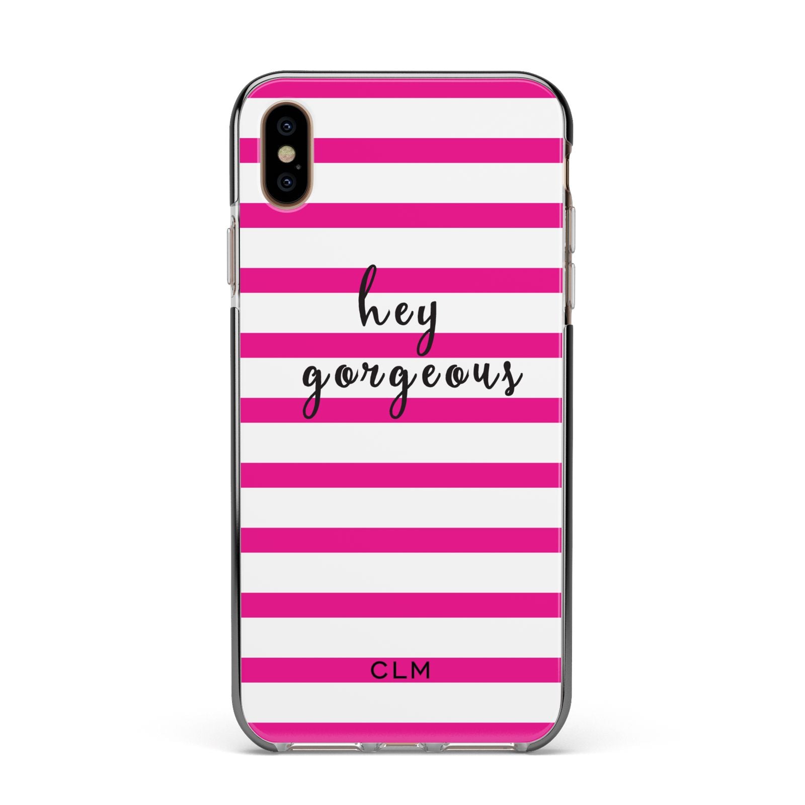 Personalised Initials Pink Striped Apple iPhone Xs Max Impact Case Black Edge on Gold Phone