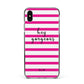 Personalised Initials Pink Striped Apple iPhone Xs Max Impact Case Black Edge on Silver Phone