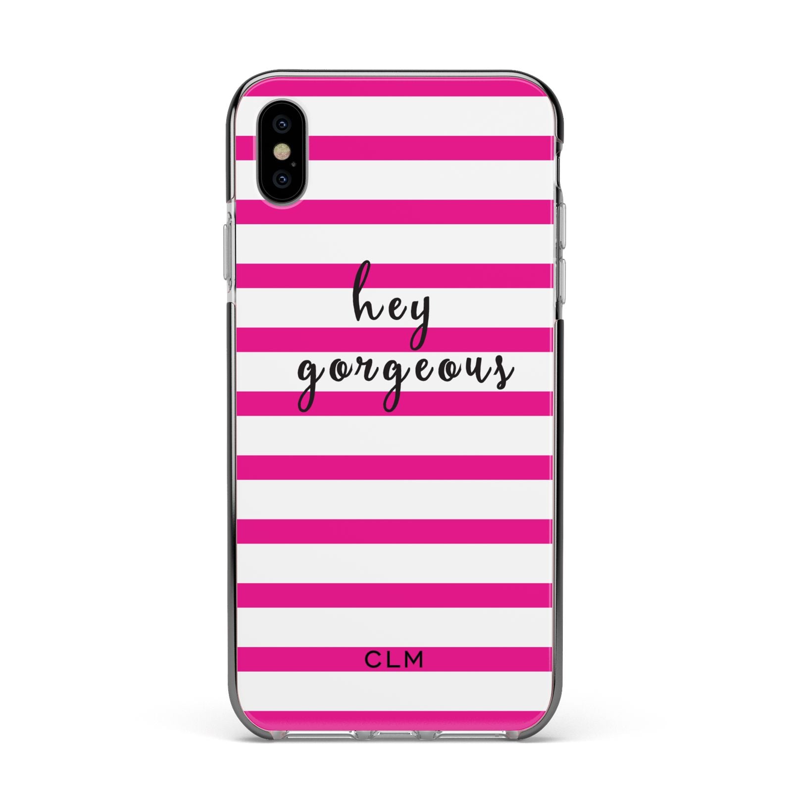 Personalised Initials Pink Striped Apple iPhone Xs Max Impact Case Black Edge on Silver Phone