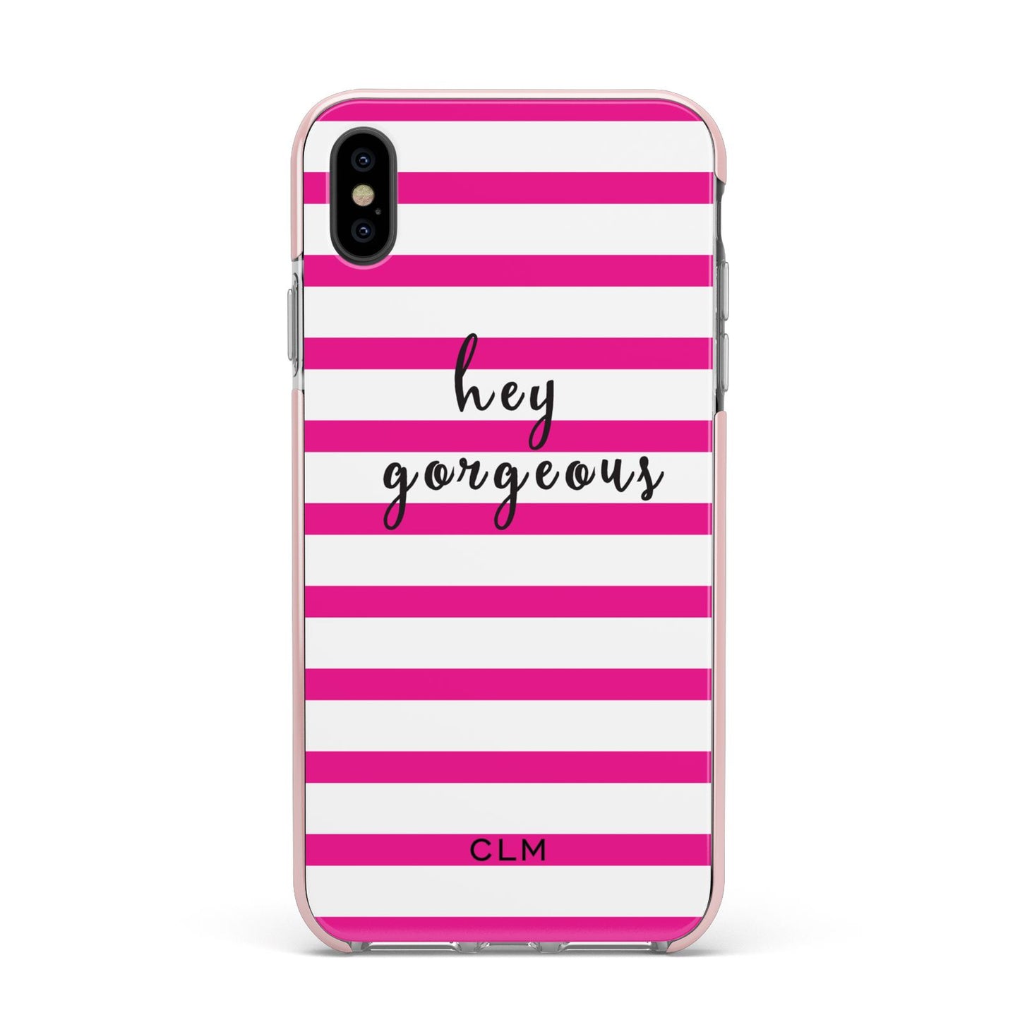 Personalised Initials Pink Striped Apple iPhone Xs Max Impact Case Pink Edge on Black Phone