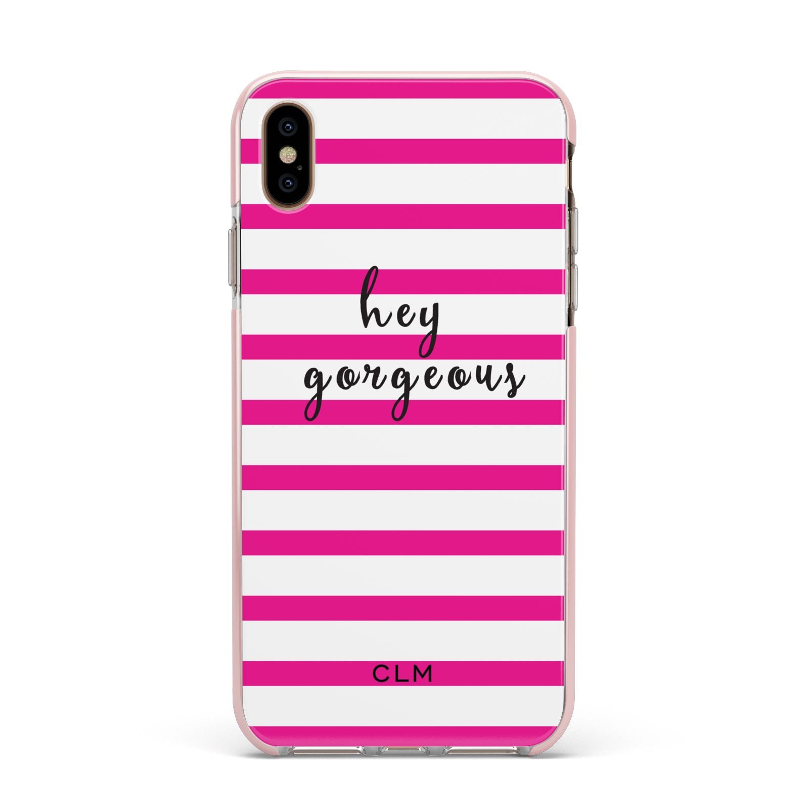 Personalised Initials Pink Striped Apple iPhone Xs Max Impact Case Pink Edge on Gold Phone
