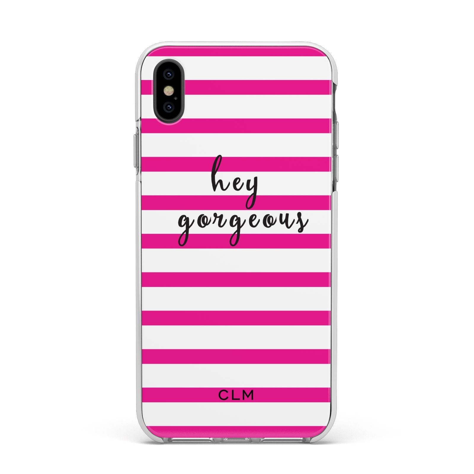 Personalised Initials Pink Striped Apple iPhone Xs Max Impact Case White Edge on Black Phone