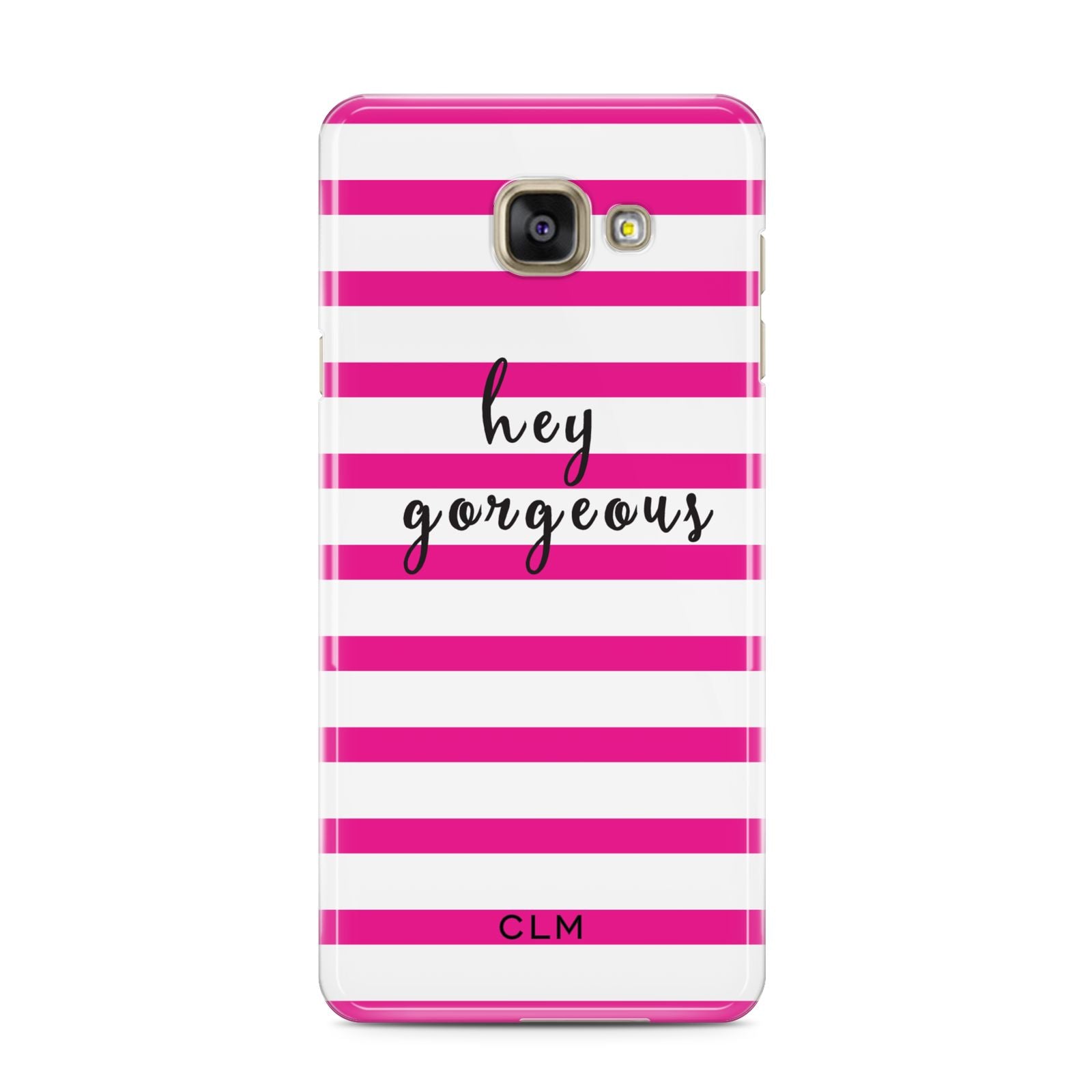 Personalised Initials Pink Striped Samsung Galaxy A3 2016 Case on gold phone
