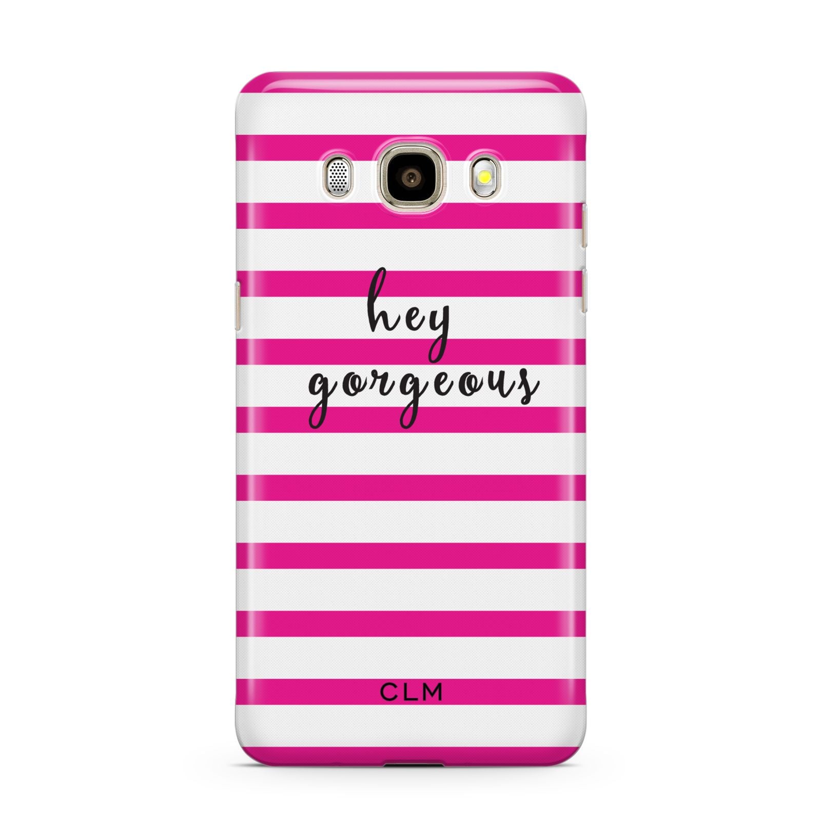 Personalised Initials Pink Striped Samsung Galaxy J7 2016 Case on gold phone