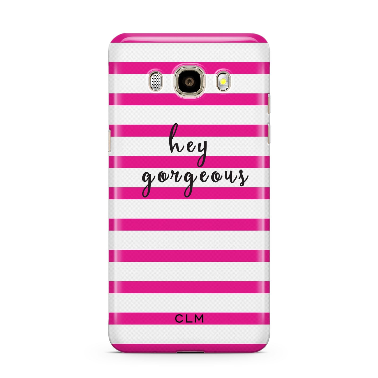 Personalised Initials Pink Striped Samsung Galaxy J7 2016 Case on gold phone