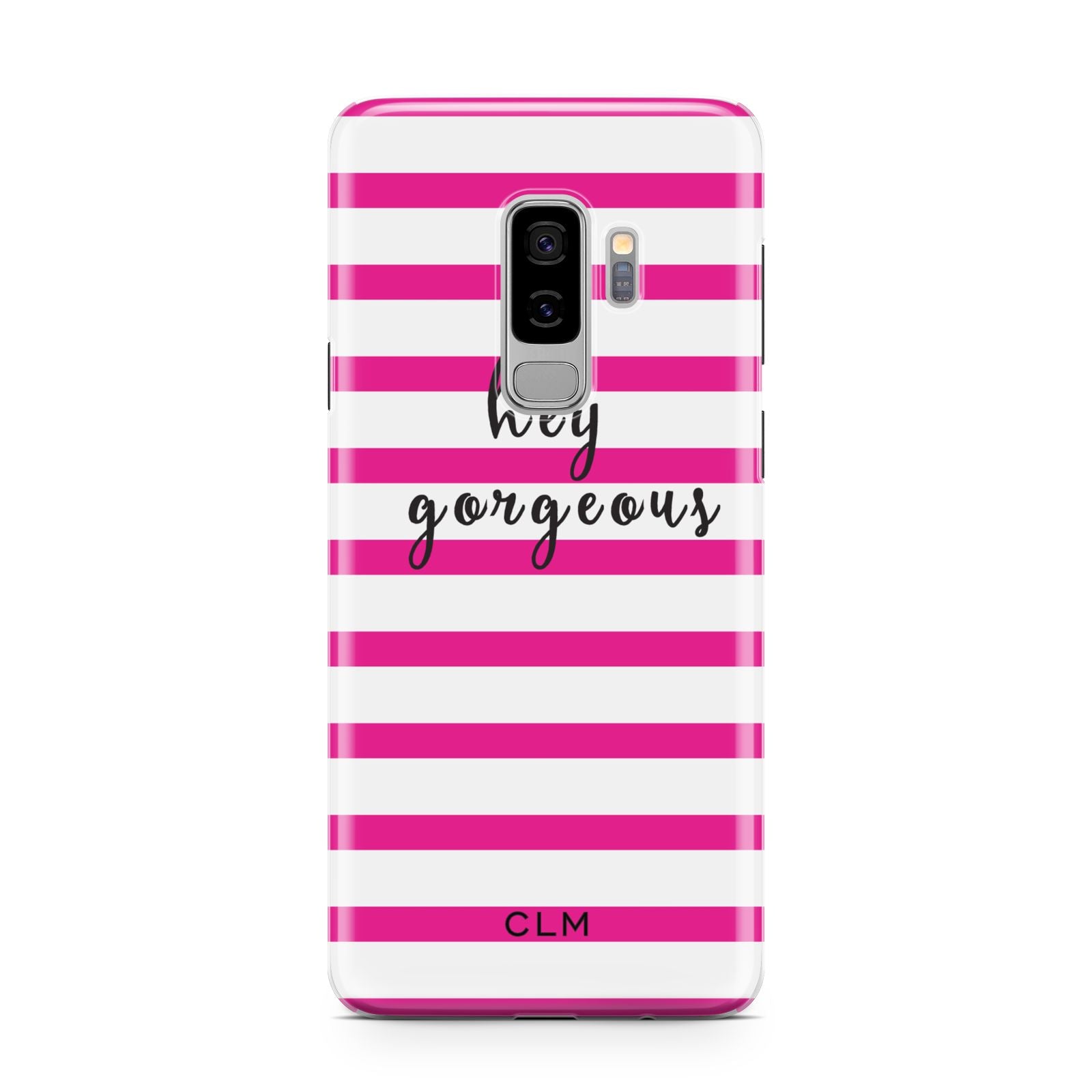 Personalised Initials Pink Striped Samsung Galaxy S9 Plus Case on Silver phone