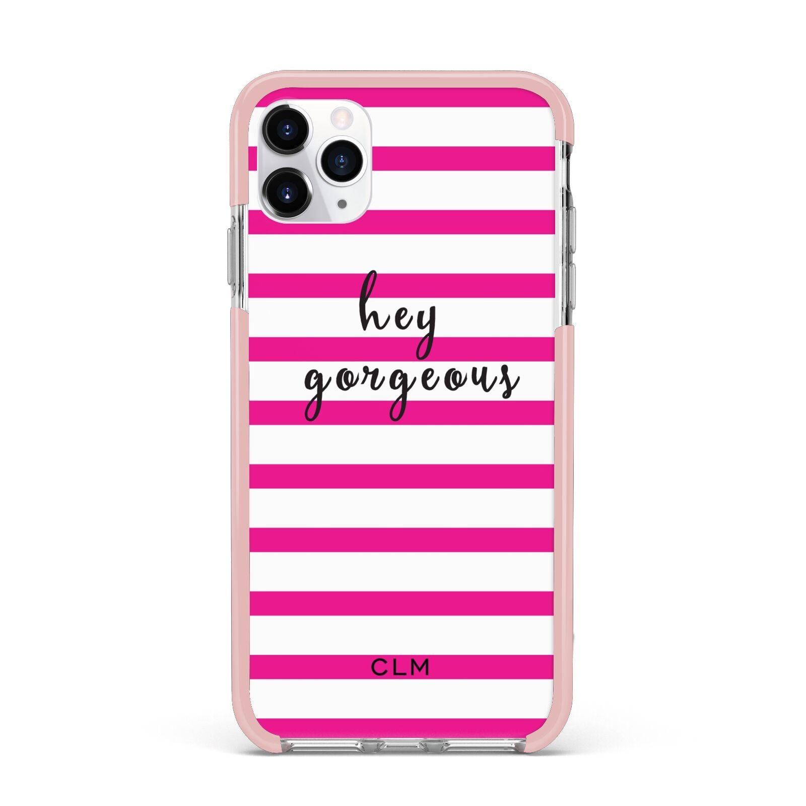 Personalised Initials Pink Striped iPhone 11 Pro Max Impact Pink Edge Case