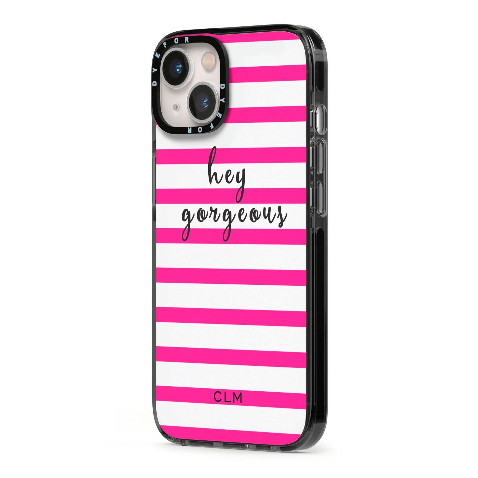 Personalised Initials Pink Striped iPhone 13 Black Impact Case Side Angle on Silver phone