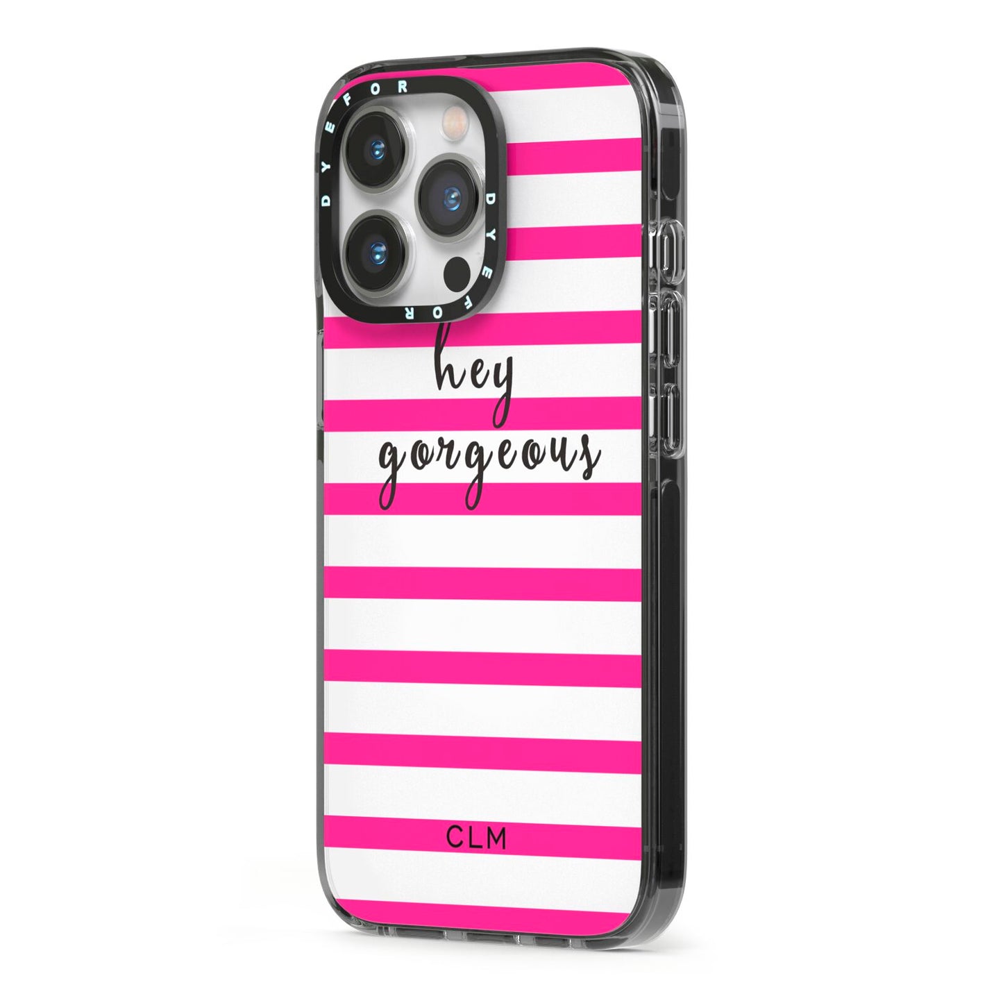 Personalised Initials Pink Striped iPhone 13 Pro Black Impact Case Side Angle on Silver phone