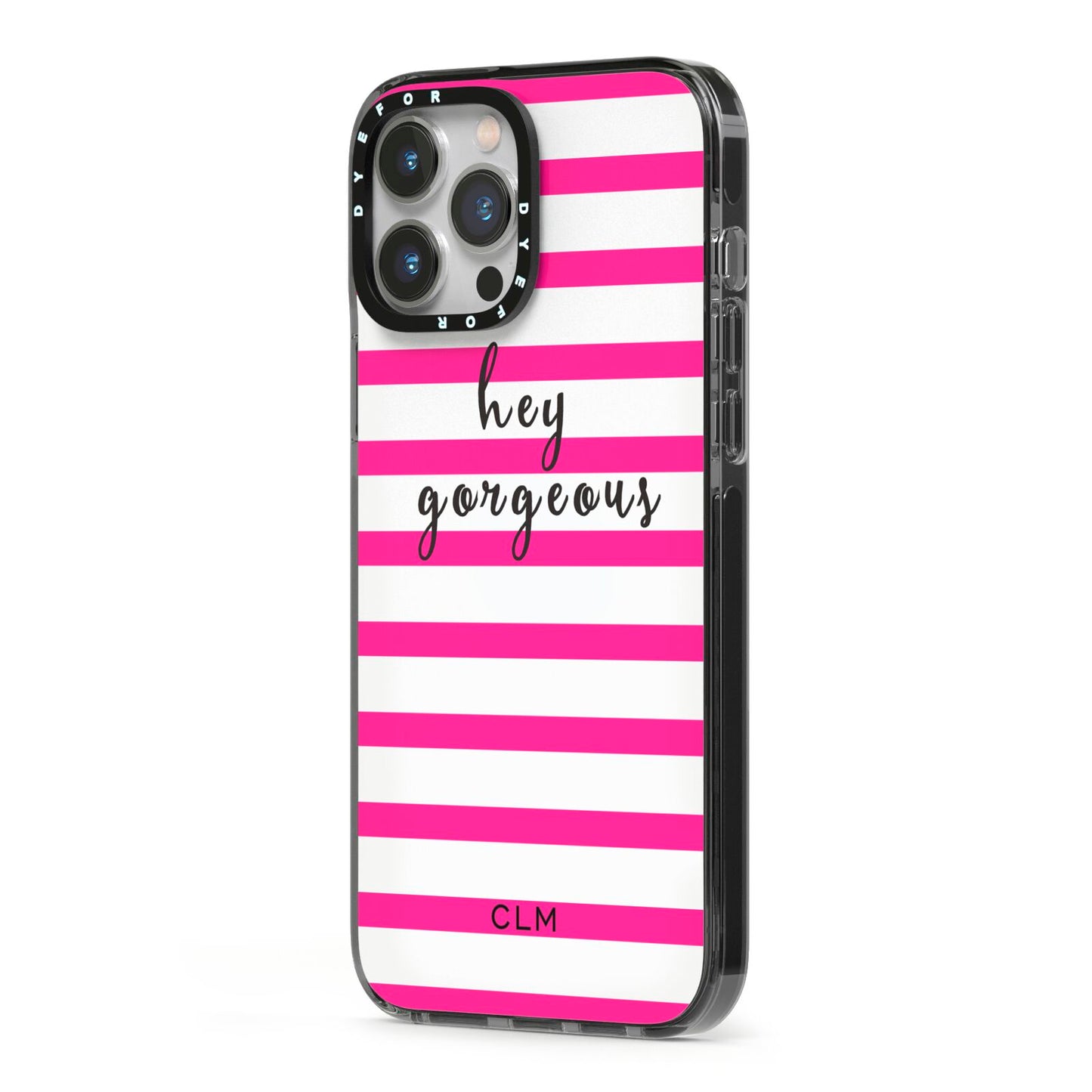 Personalised Initials Pink Striped iPhone 13 Pro Max Black Impact Case Side Angle on Silver phone