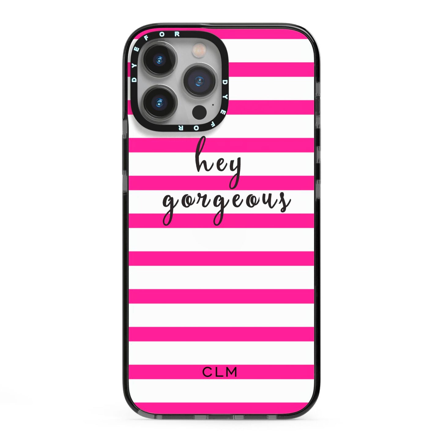 Personalised Initials Pink Striped iPhone 13 Pro Max Black Impact Case on Silver phone