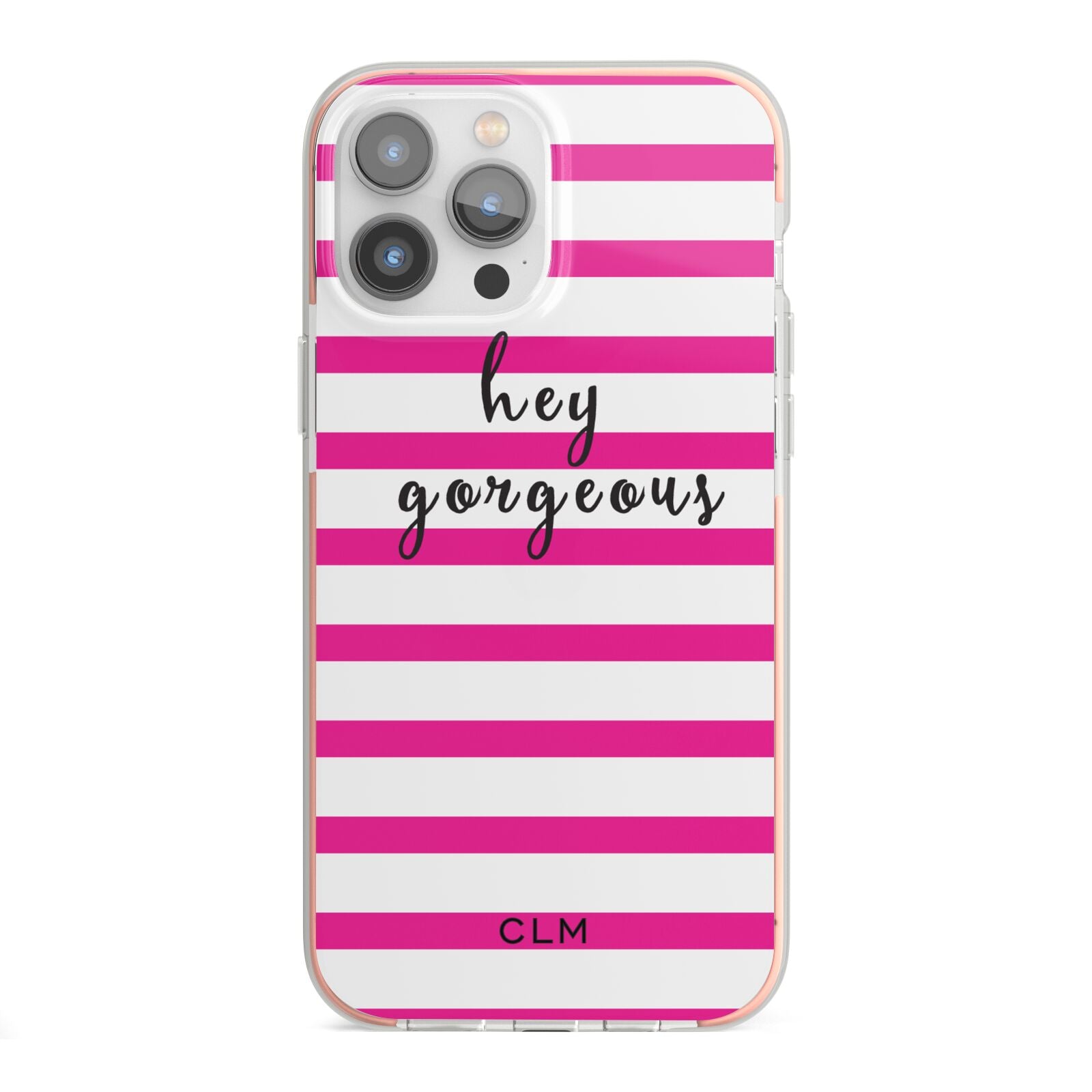 Personalised Initials Pink Striped iPhone 13 Pro Max TPU Impact Case with Pink Edges
