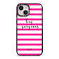Personalised Initials Pink Striped iPhone 14 Black Impact Case on Silver phone