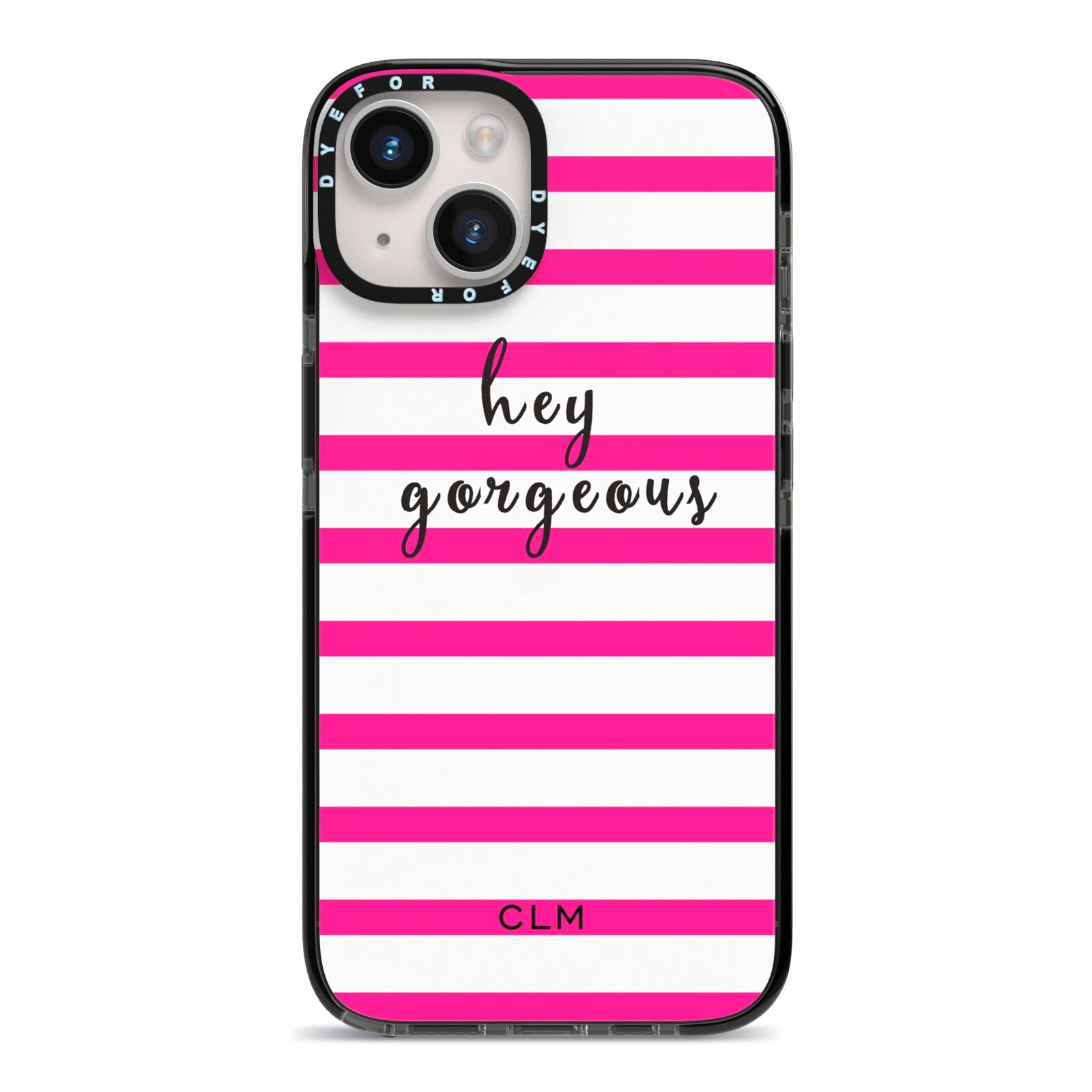 Personalised Initials Pink Striped iPhone 14 Black Impact Case on Silver phone