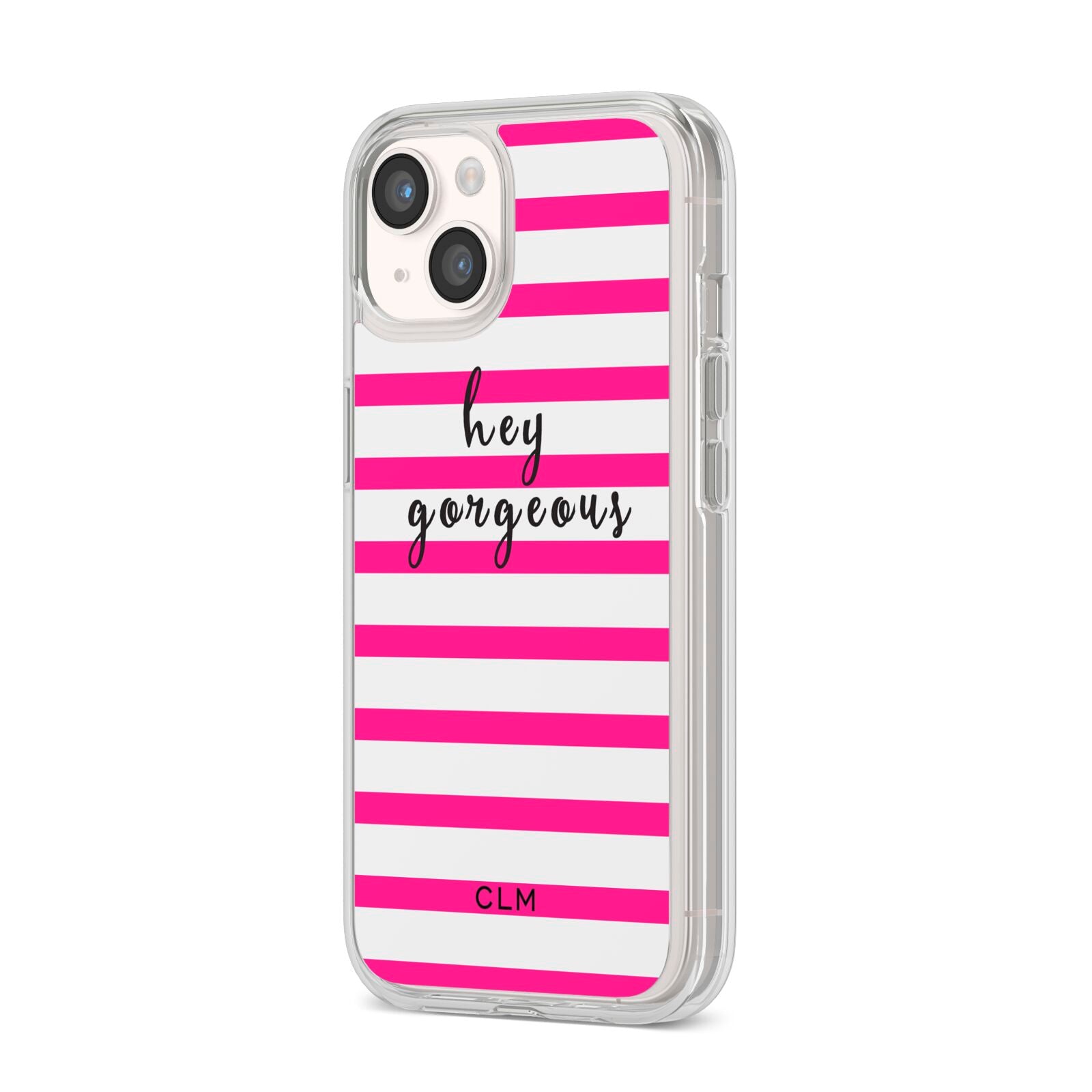 Personalised Initials Pink Striped iPhone 14 Clear Tough Case Starlight Angled Image