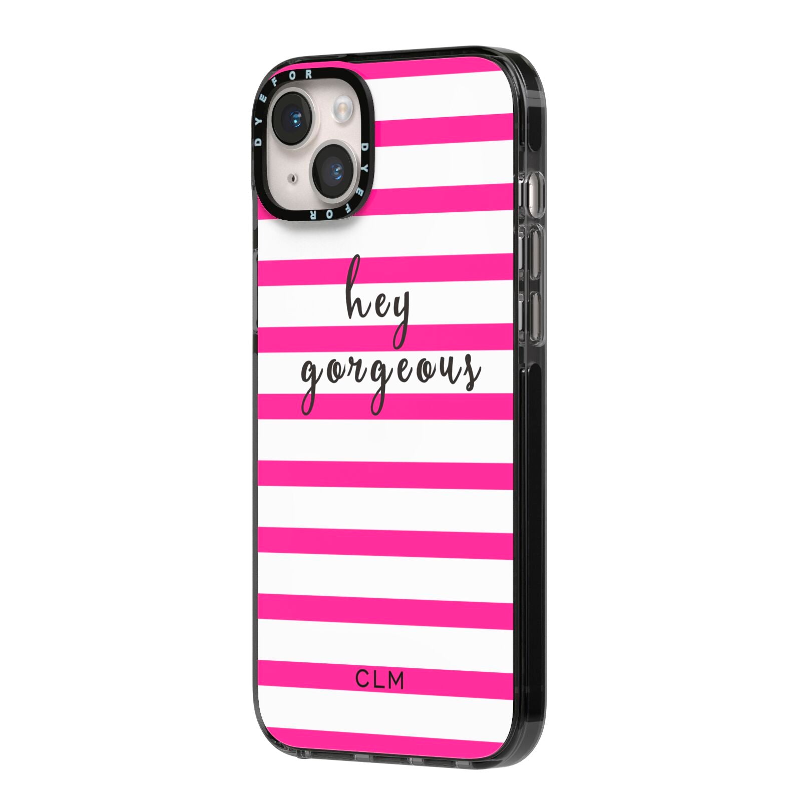 Personalised Initials Pink Striped iPhone 14 Plus Black Impact Case Side Angle on Silver phone