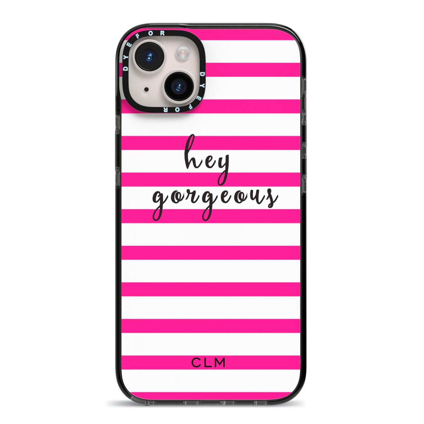 Personalised Initials Pink Striped iPhone 14 Plus Black Impact Case on Silver phone