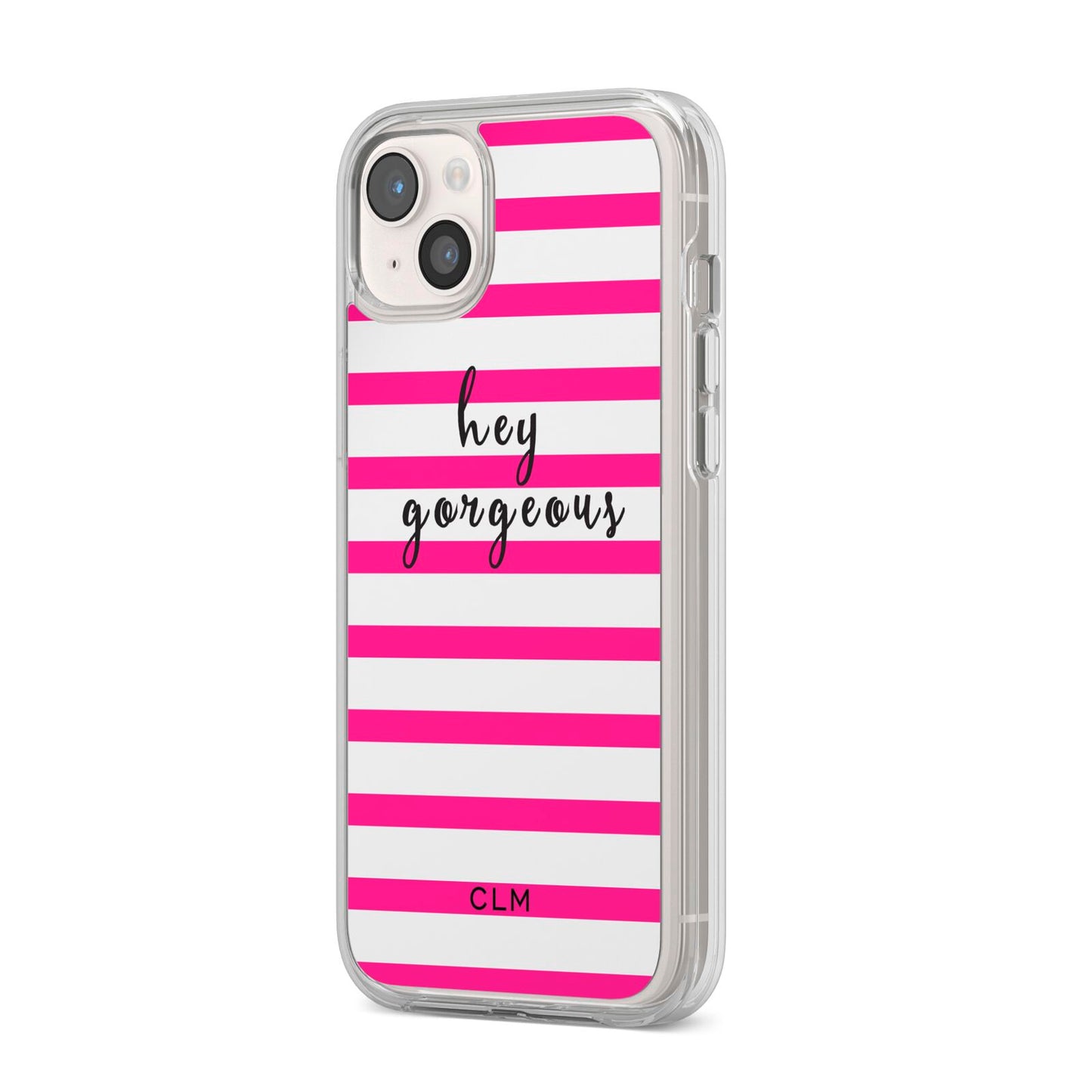 Personalised Initials Pink Striped iPhone 14 Plus Clear Tough Case Starlight Angled Image