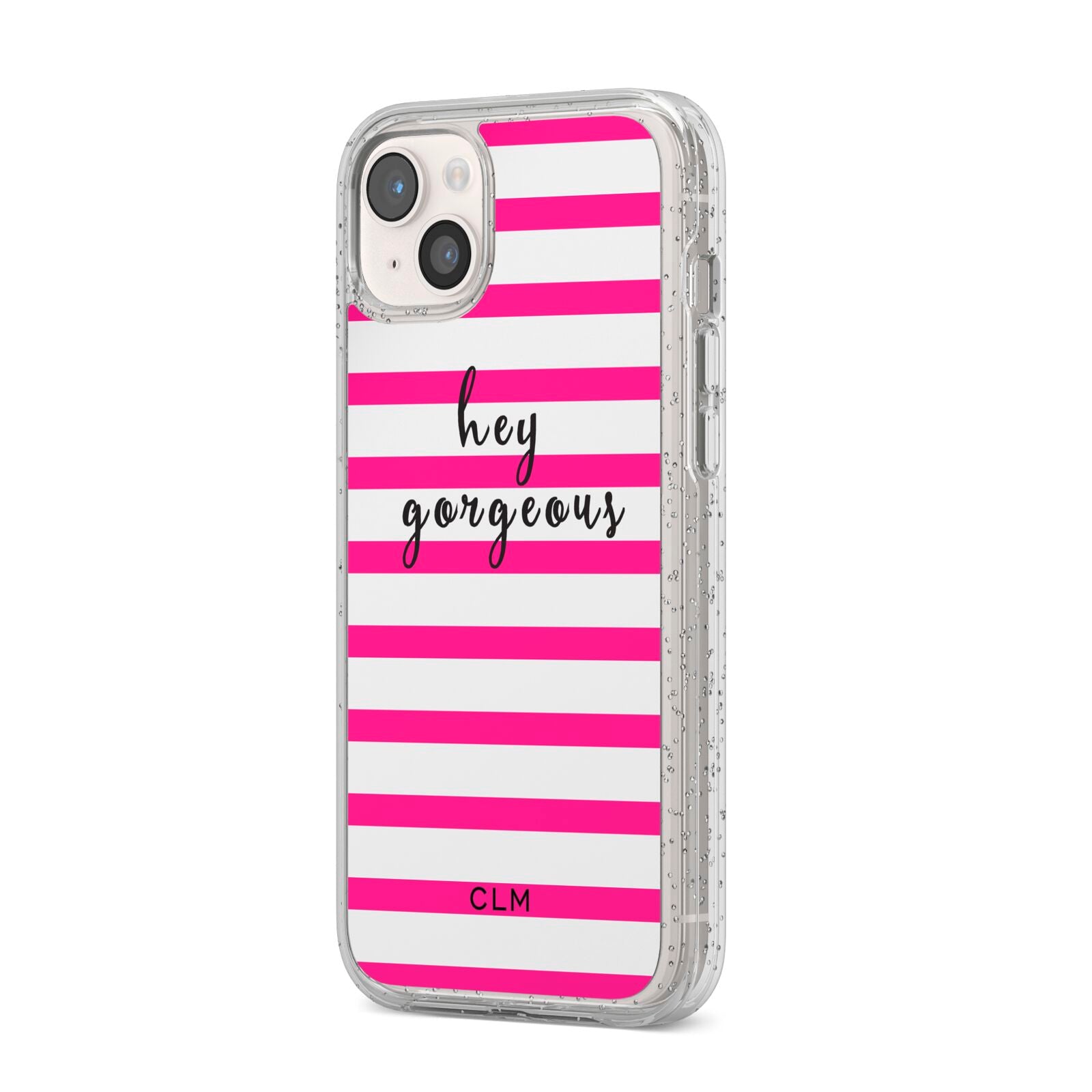 Personalised Initials Pink Striped iPhone 14 Plus Glitter Tough Case Starlight Angled Image