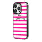 Personalised Initials Pink Striped iPhone 14 Pro Black Impact Case Side Angle on Silver phone