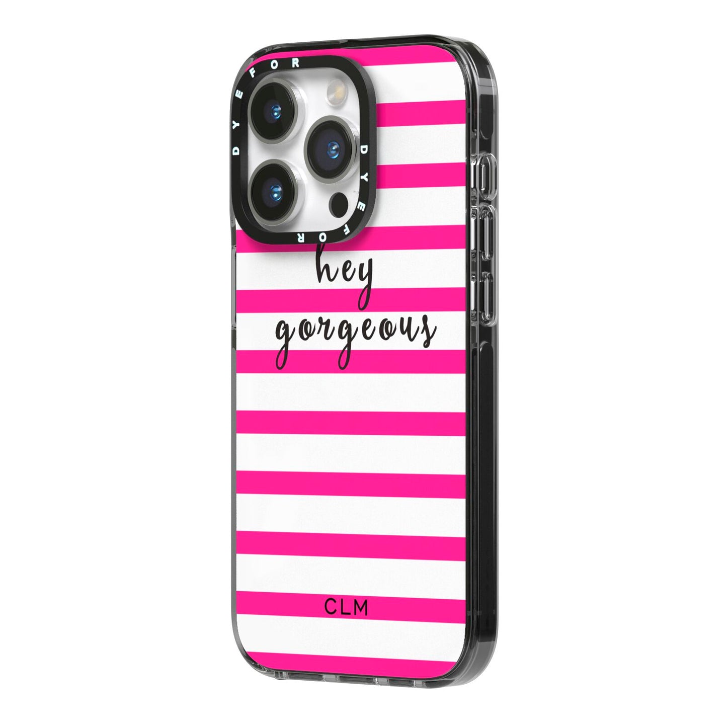 Personalised Initials Pink Striped iPhone 14 Pro Black Impact Case Side Angle on Silver phone
