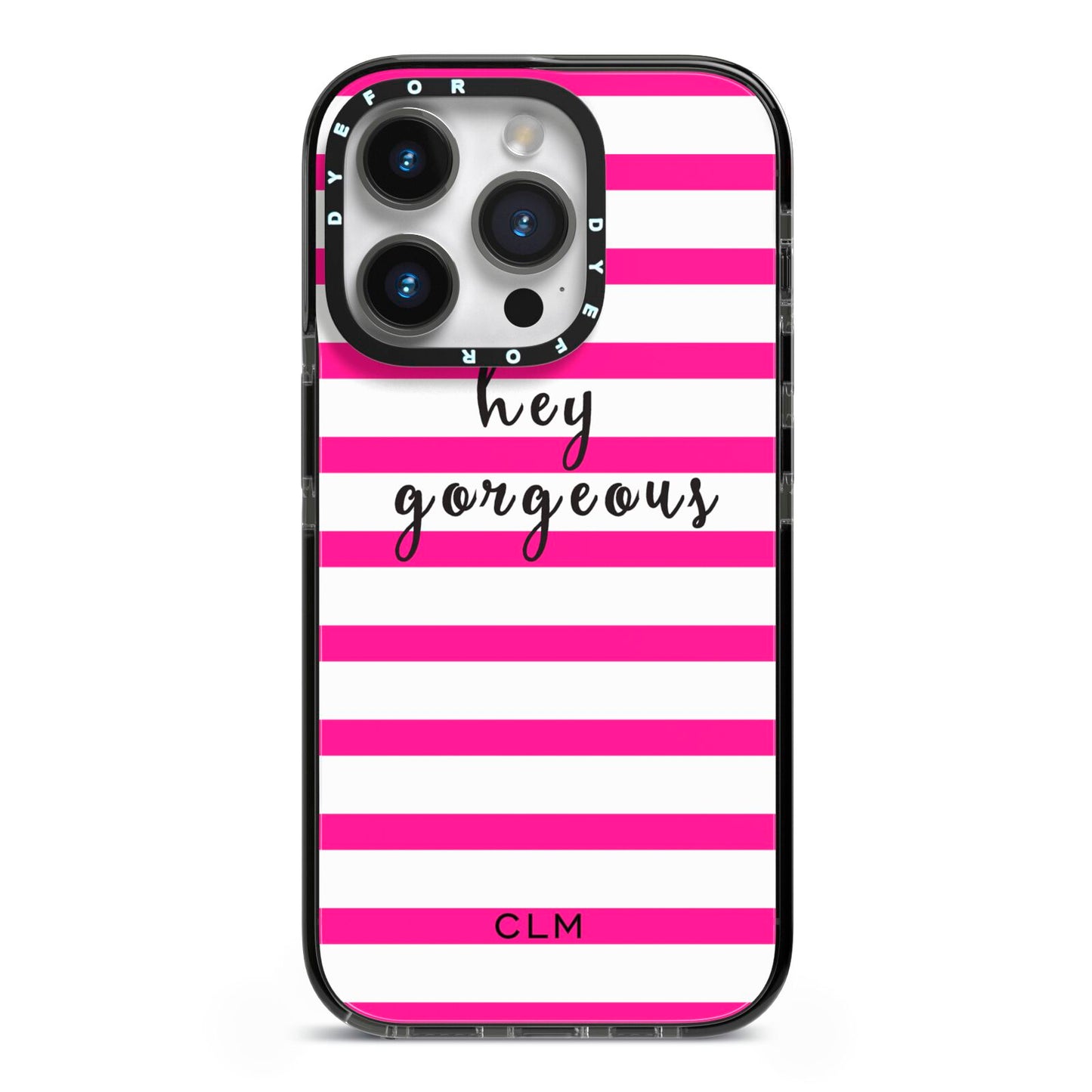 Personalised Initials Pink Striped iPhone 14 Pro Black Impact Case on Silver phone