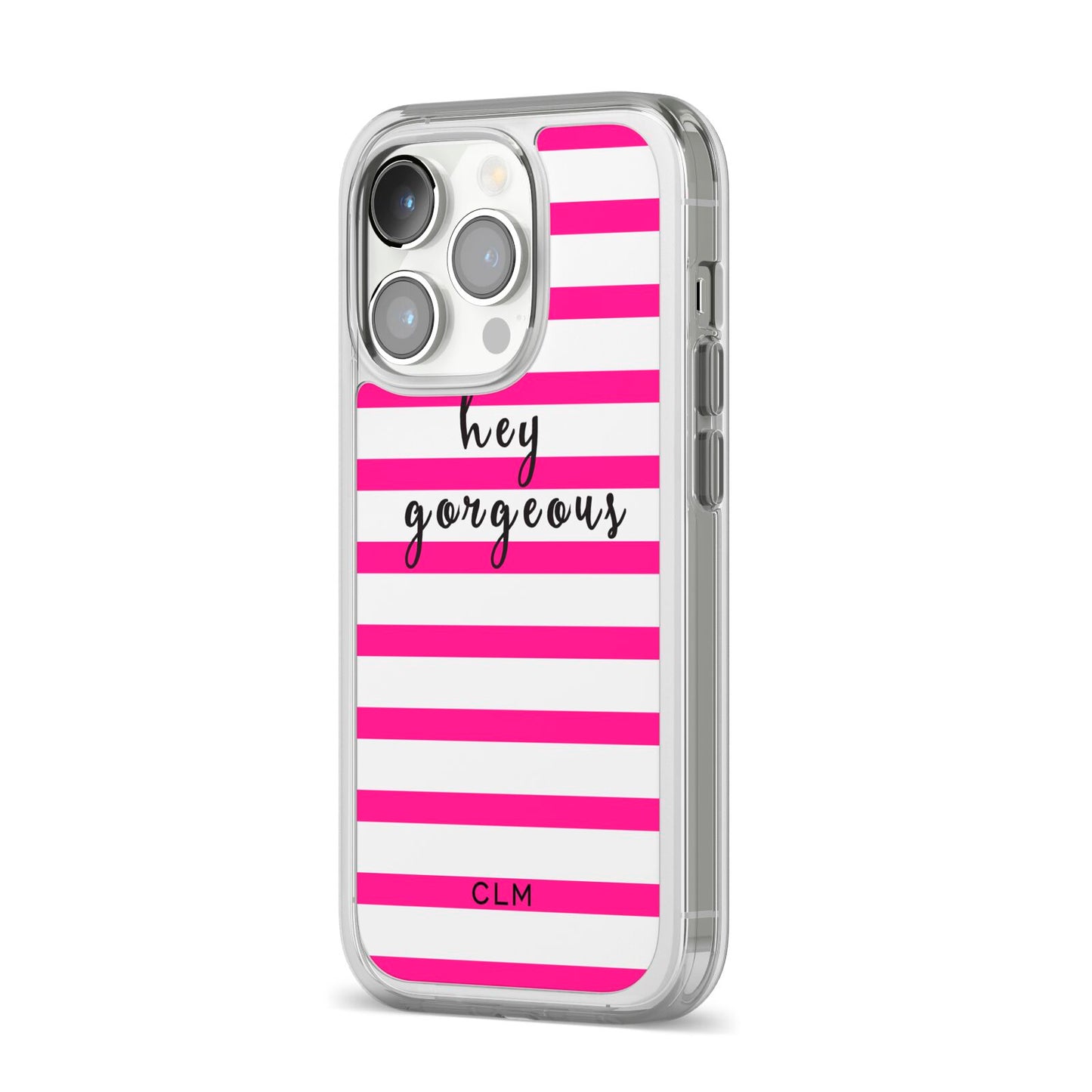 Personalised Initials Pink Striped iPhone 14 Pro Clear Tough Case Silver Angled Image