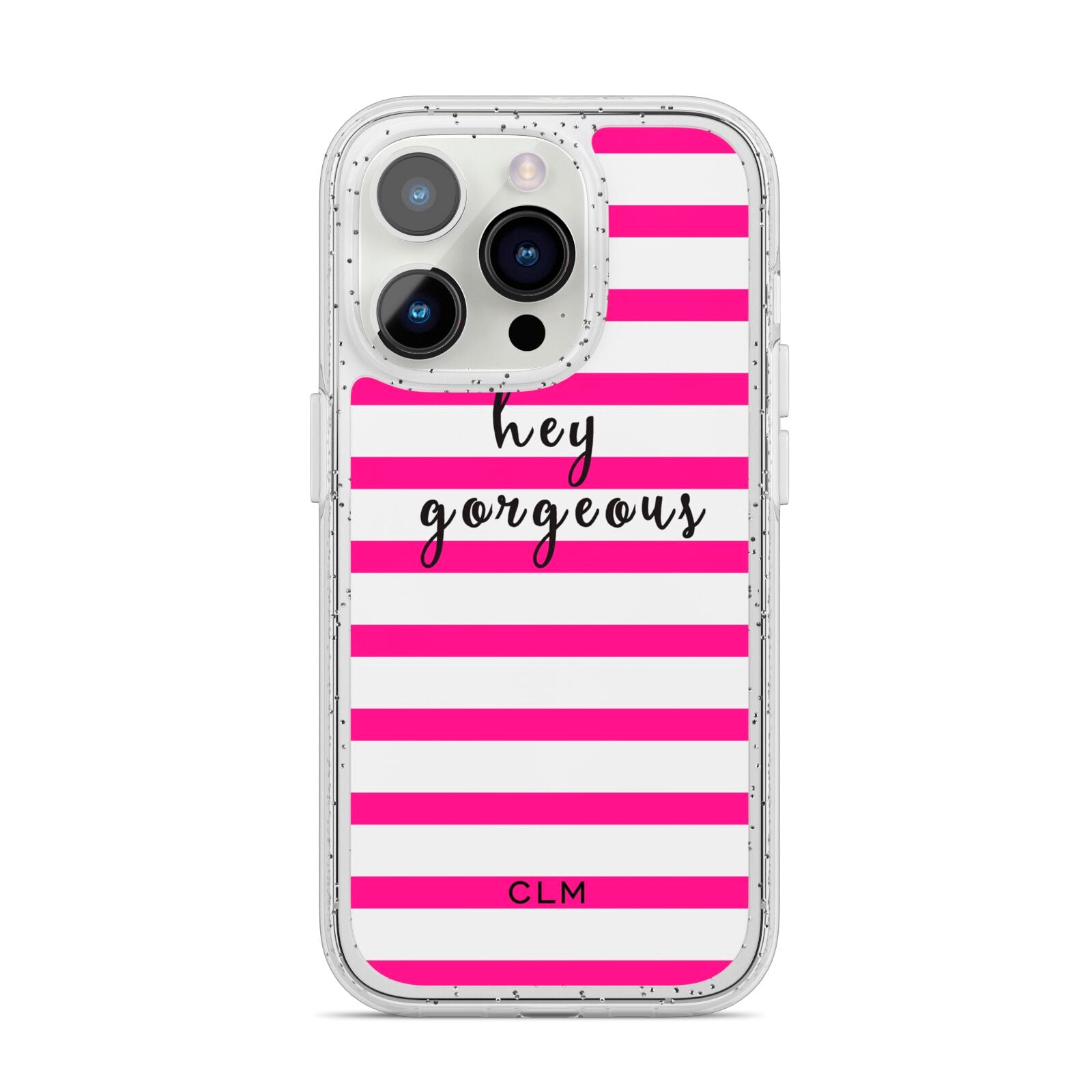 Personalised Initials Pink Striped iPhone 14 Pro Glitter Tough Case Silver