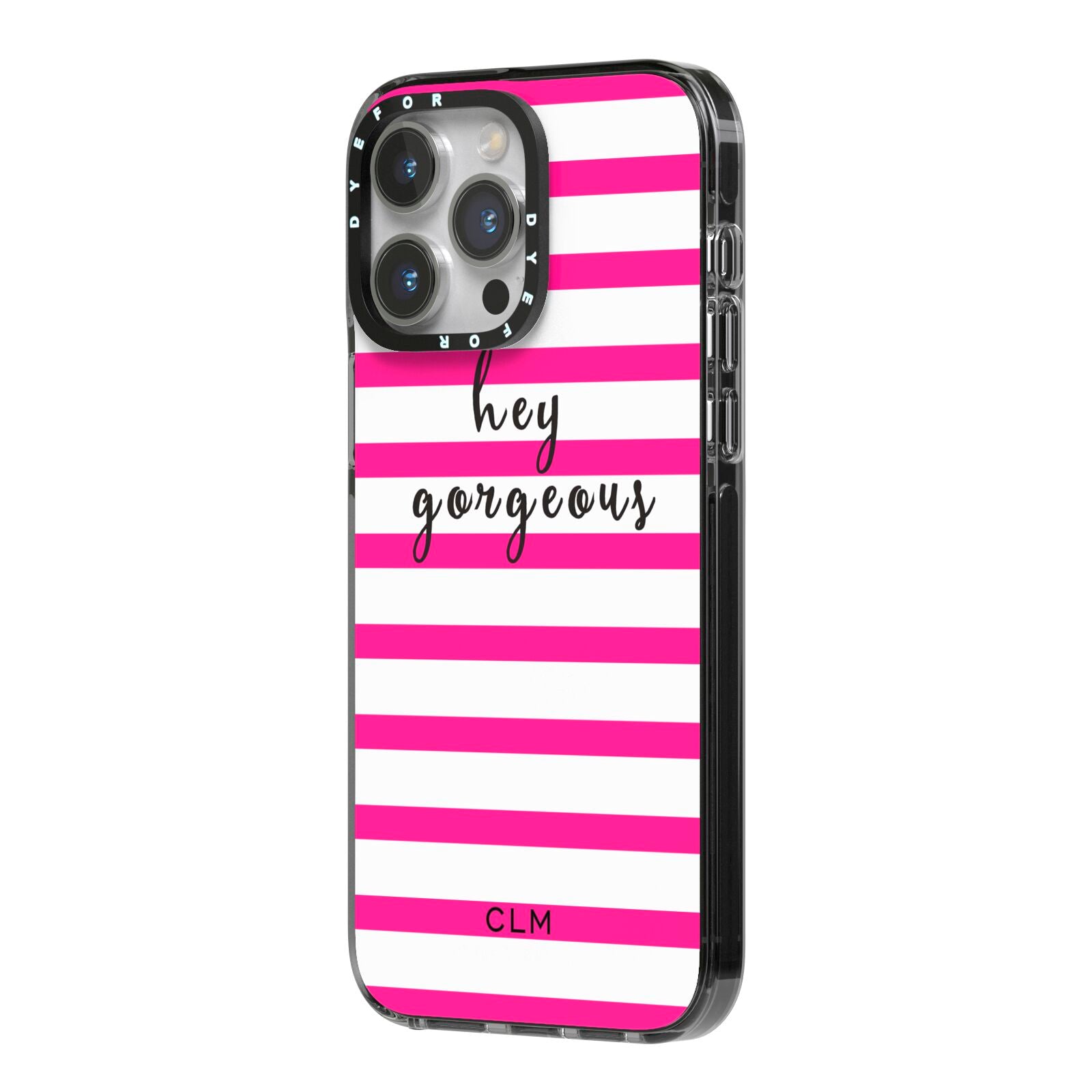 Personalised Initials Pink Striped iPhone 14 Pro Max Black Impact Case Side Angle on Silver phone